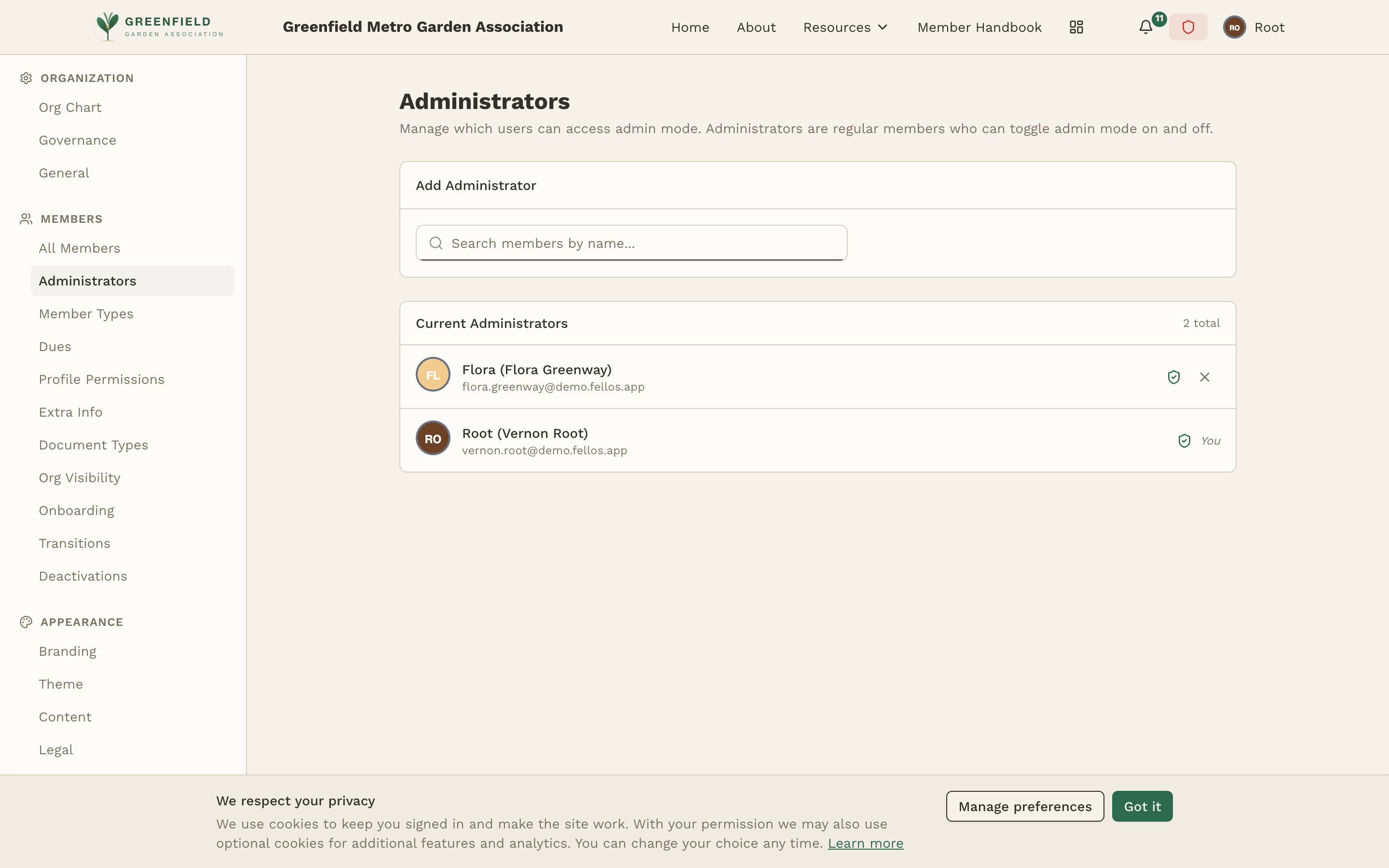 The Administrators admin page