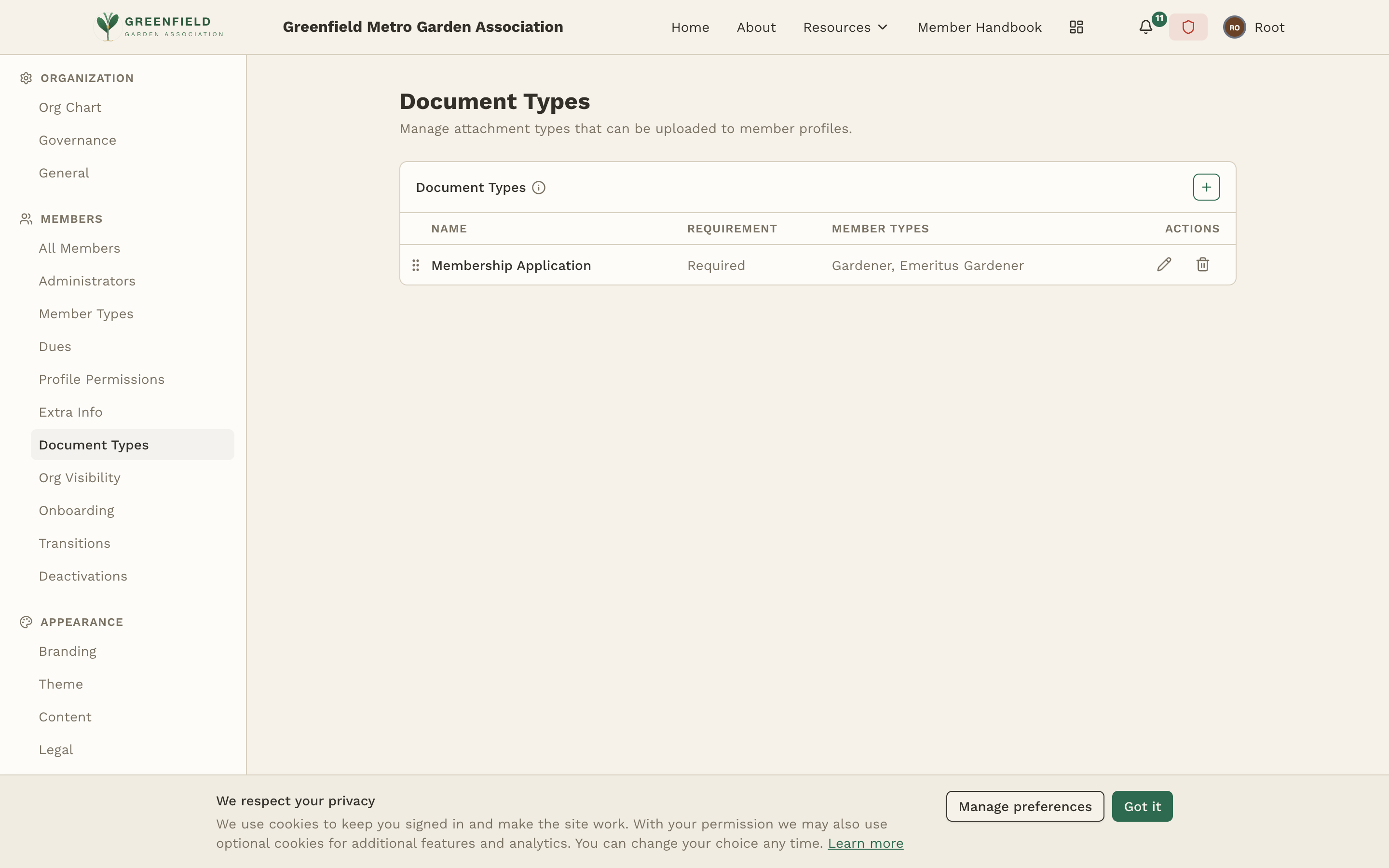 The Attachment Types admin page