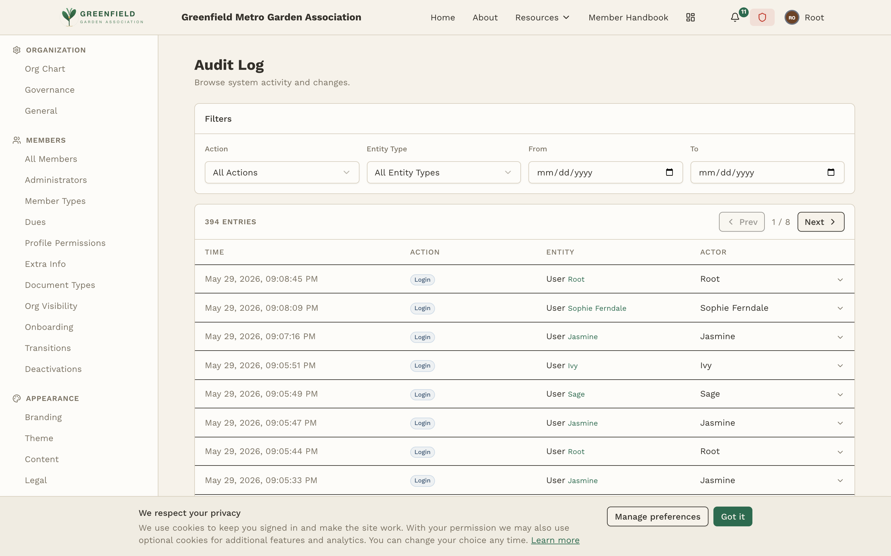 The Audit Log admin page