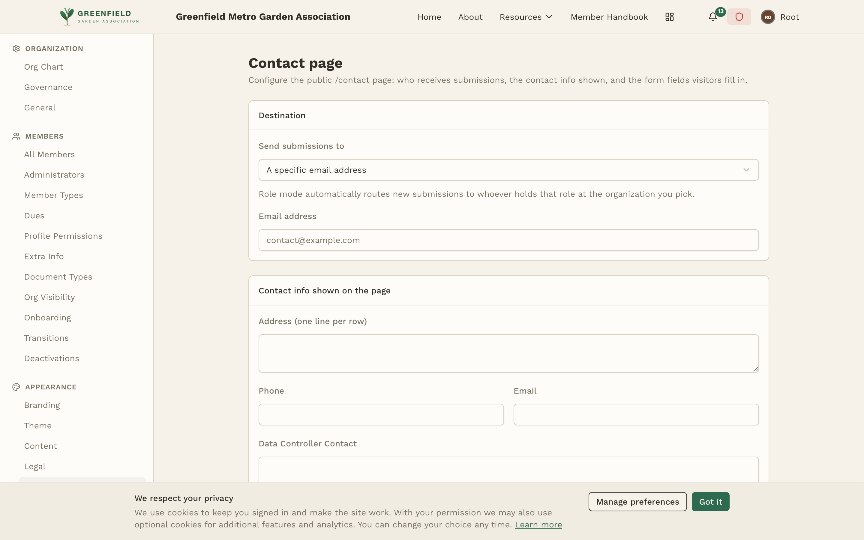 The Contact page admin settings — destination, contact info, GDPR contacts, and form fields.