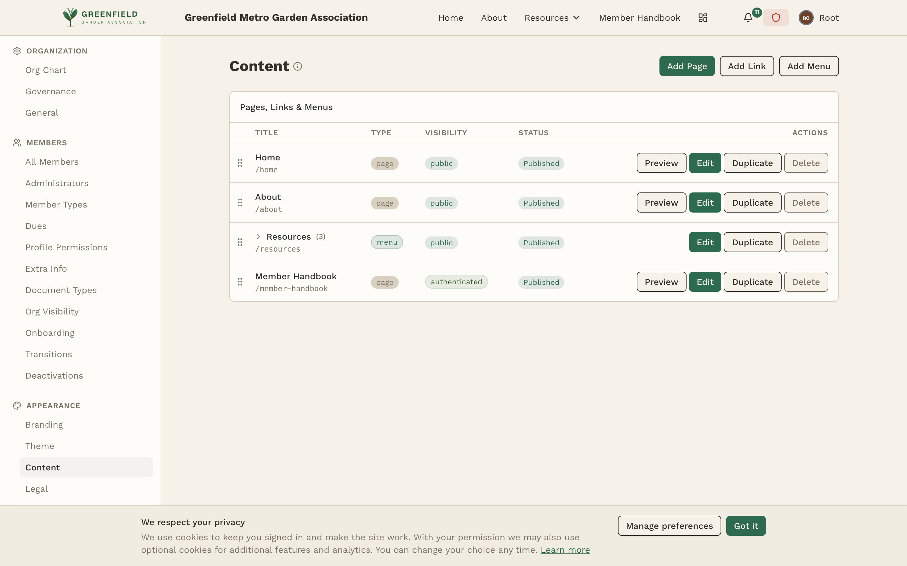 The Custom Pages admin
