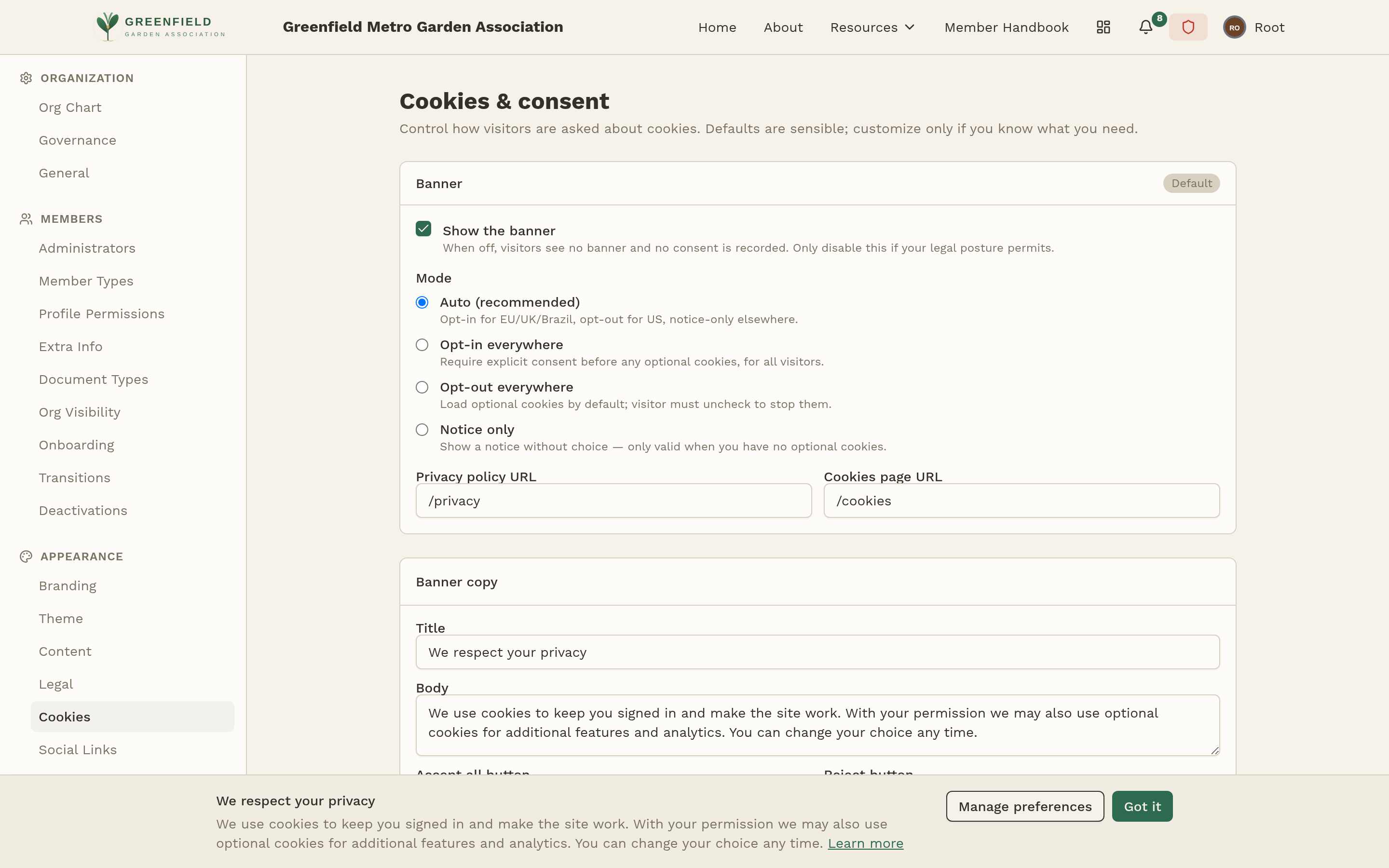 The Cookies & consent admin page