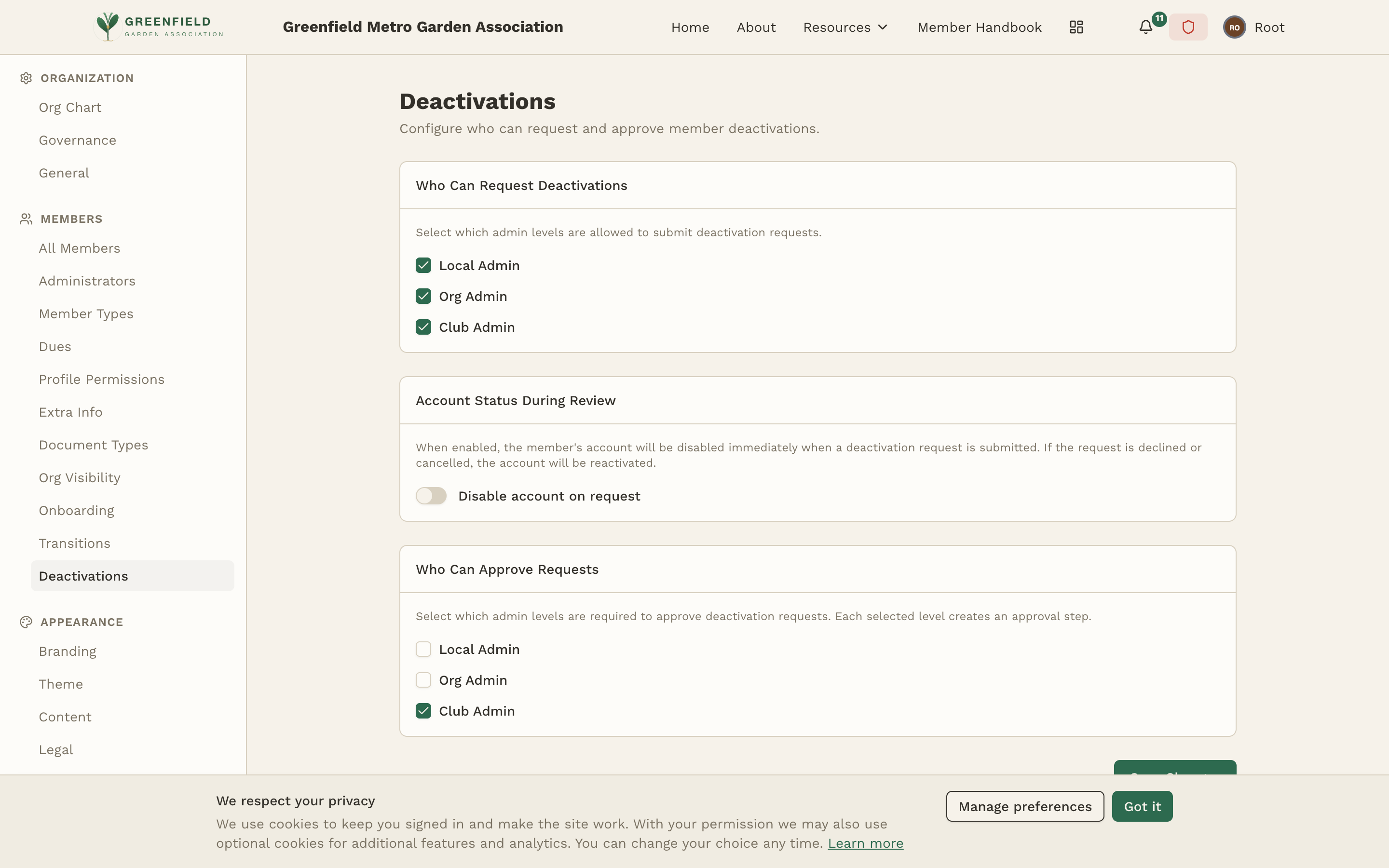 The Deactivations admin page