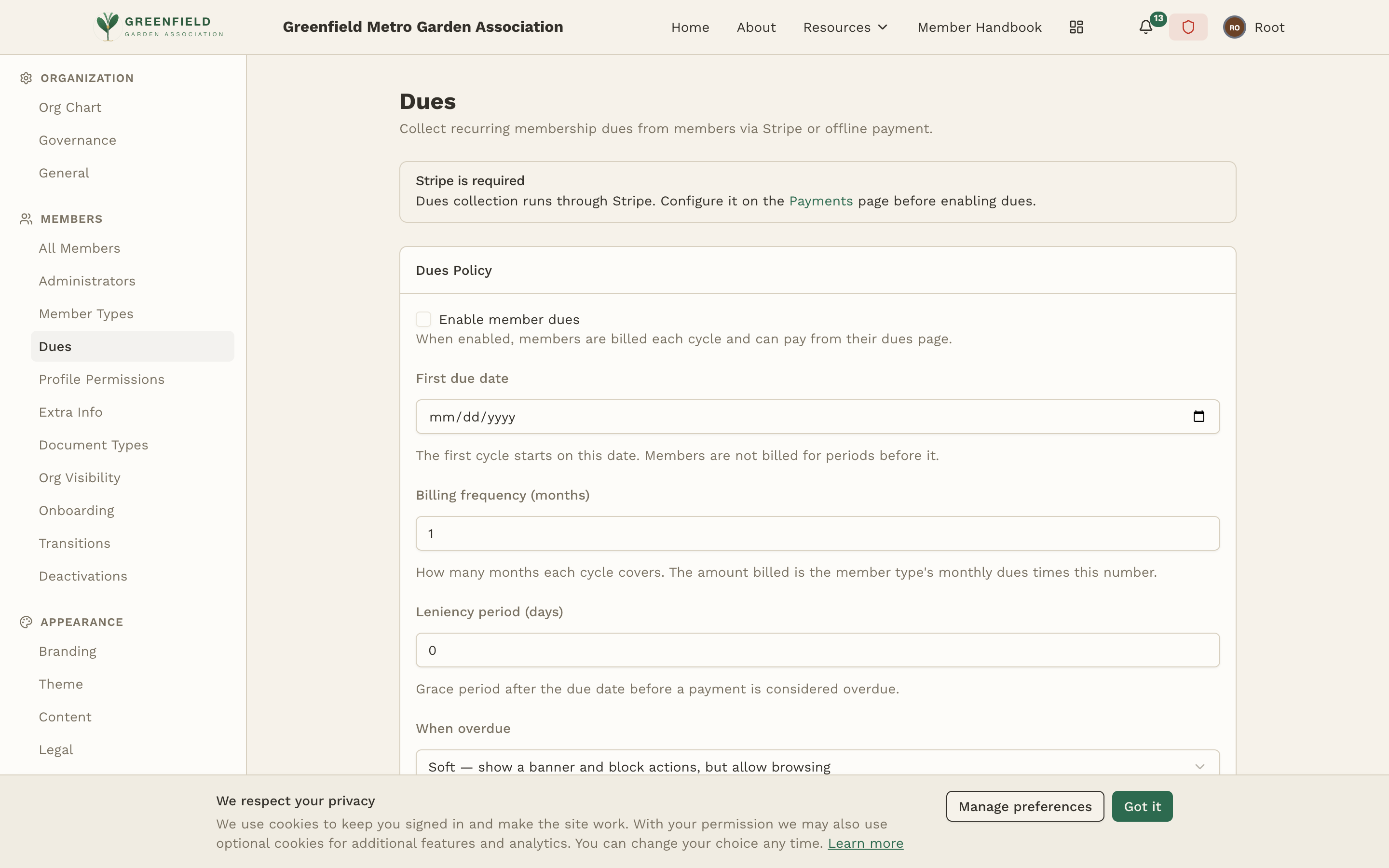 The Dues admin page showing the Dues Policy form, per-member-type amounts, and per-organization-type settings.