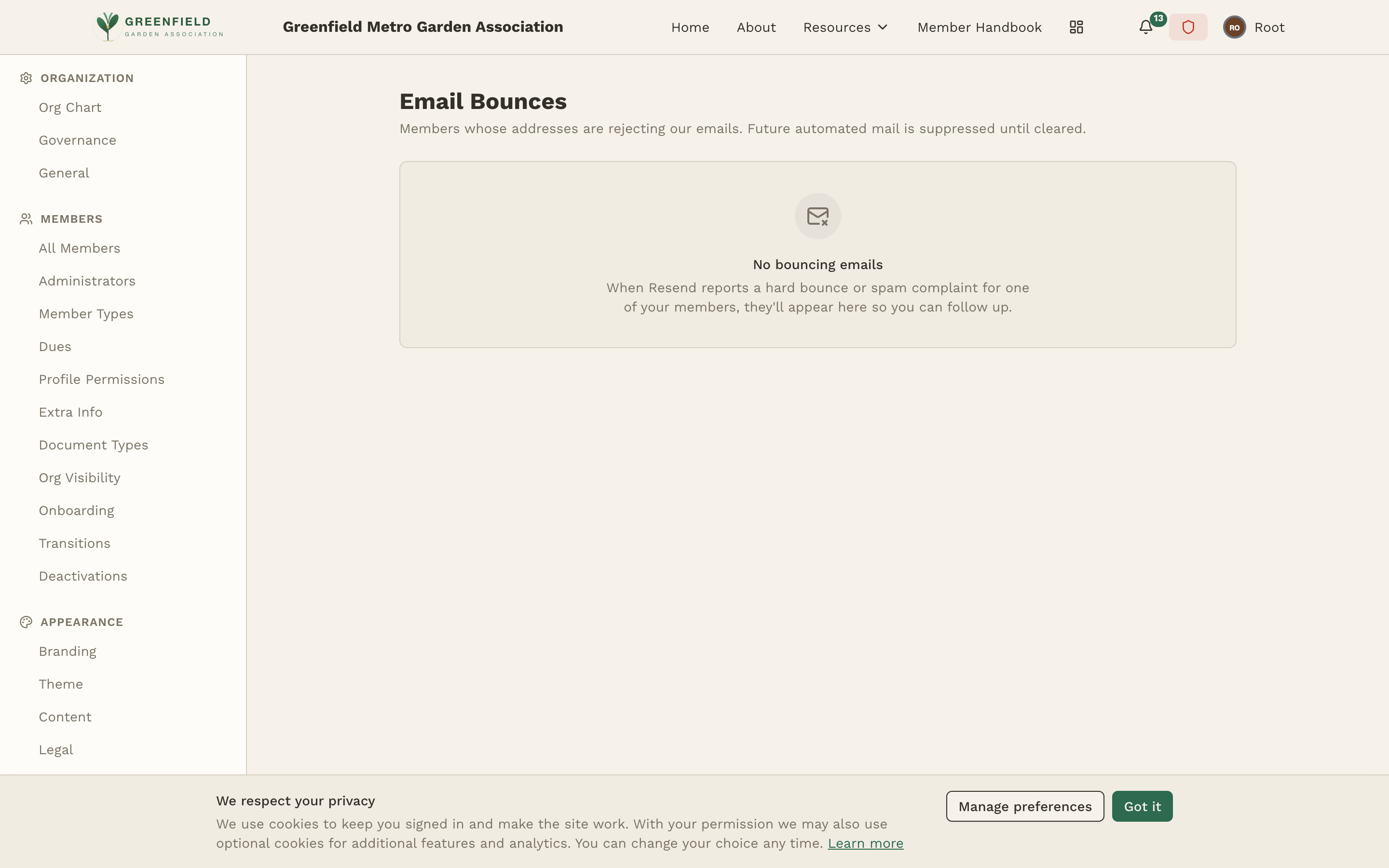 The Email Bounces page showing its empty state.