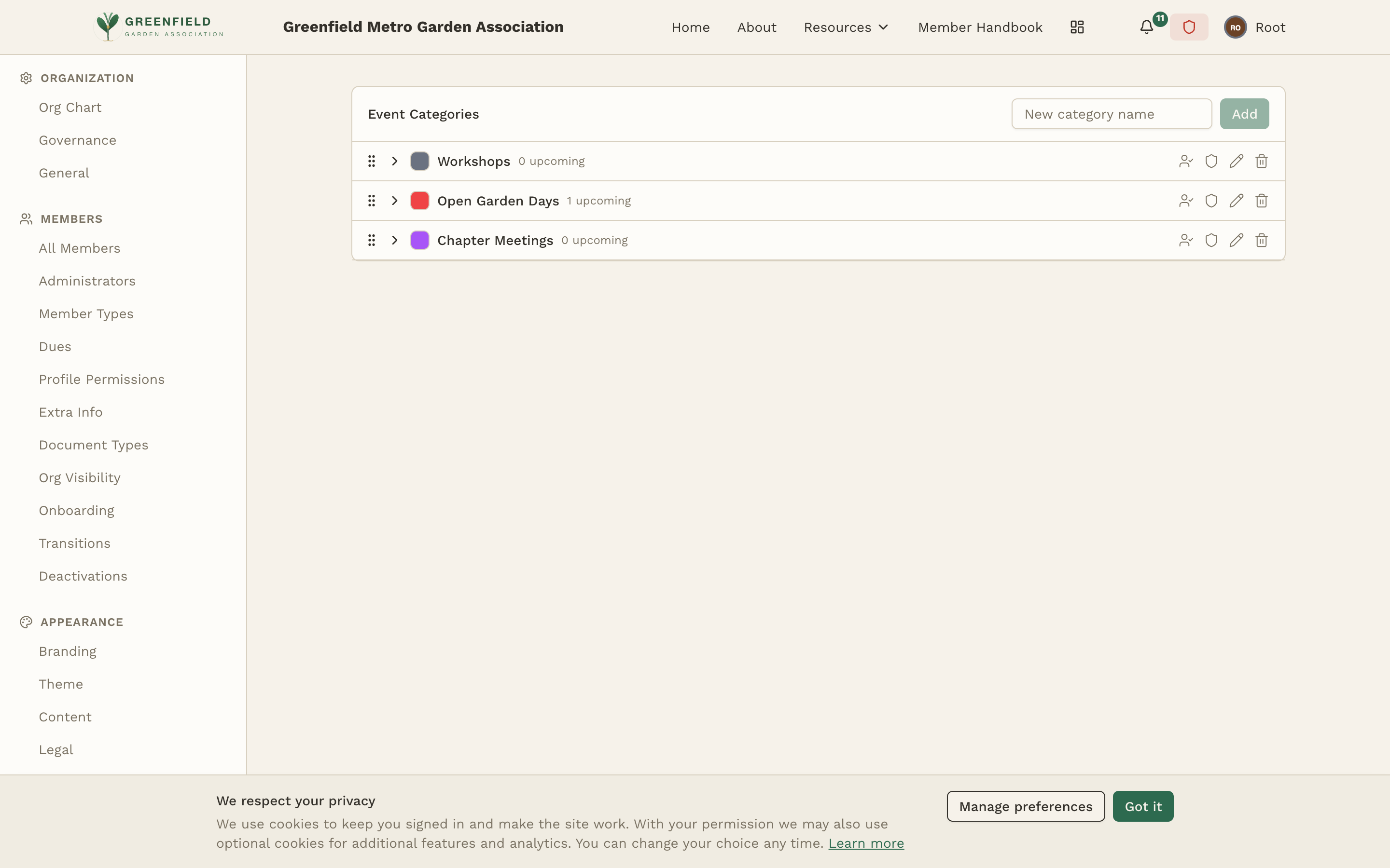 The Events admin page