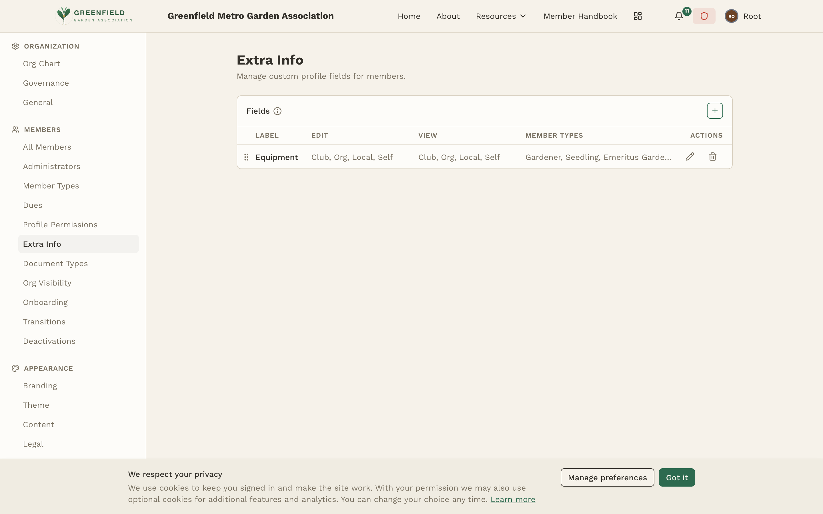 The Custom Fields admin page