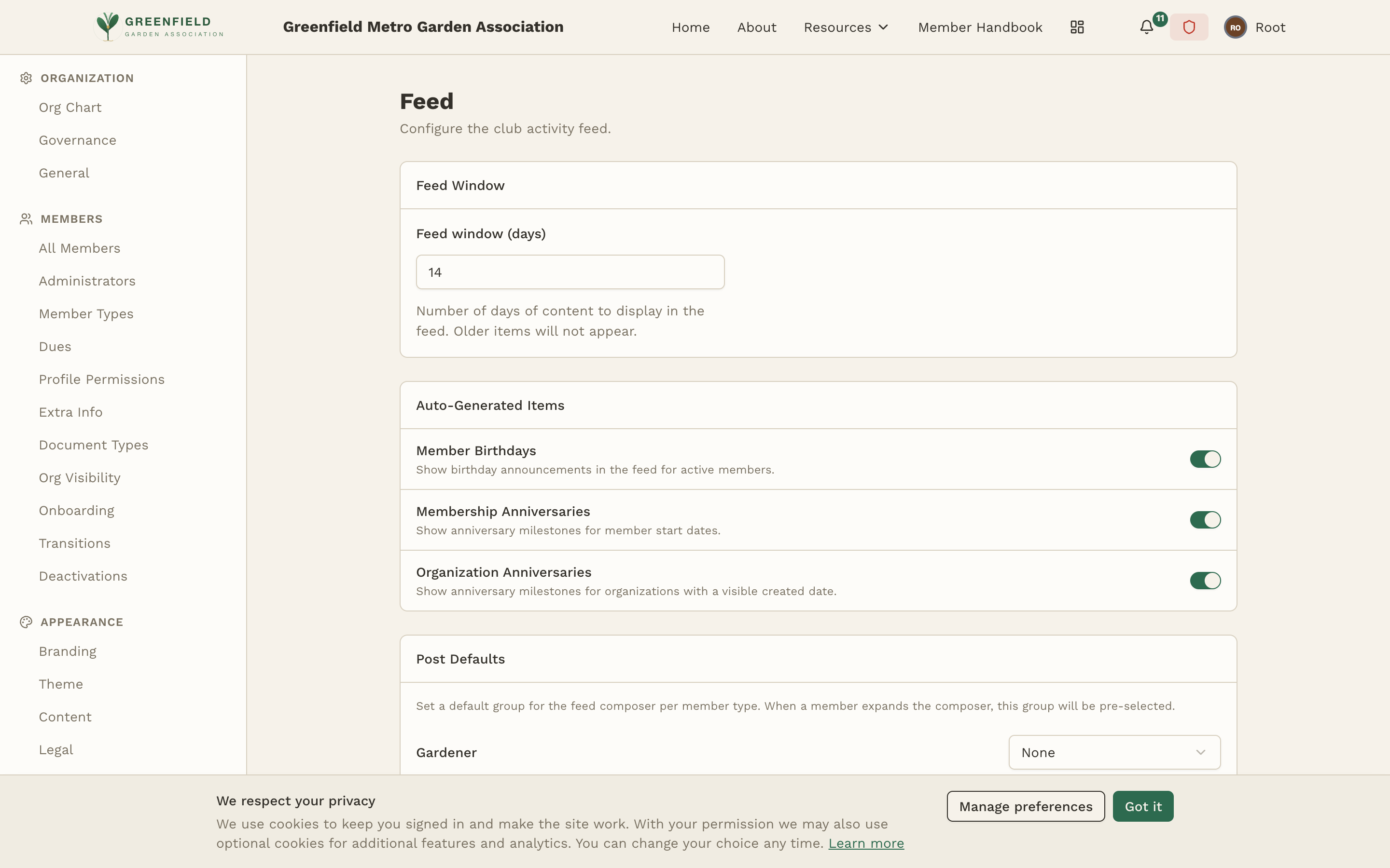 The Feed admin page