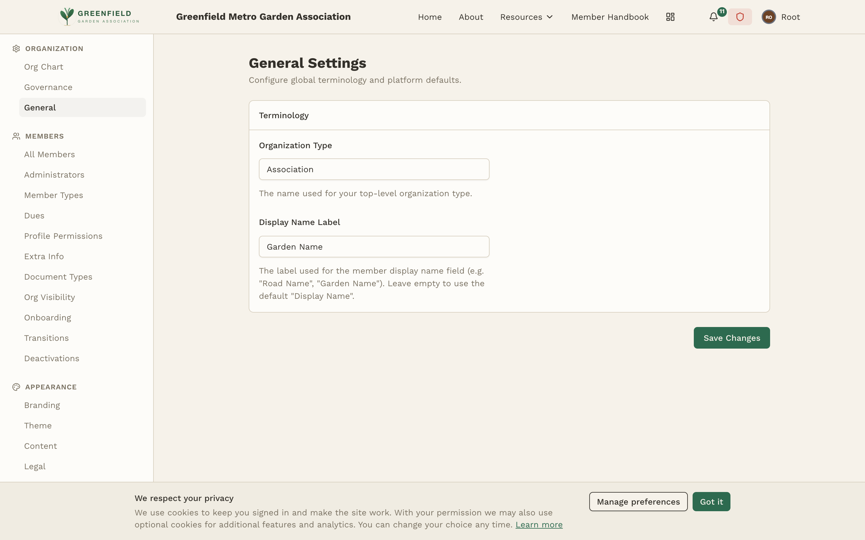 The General admin page