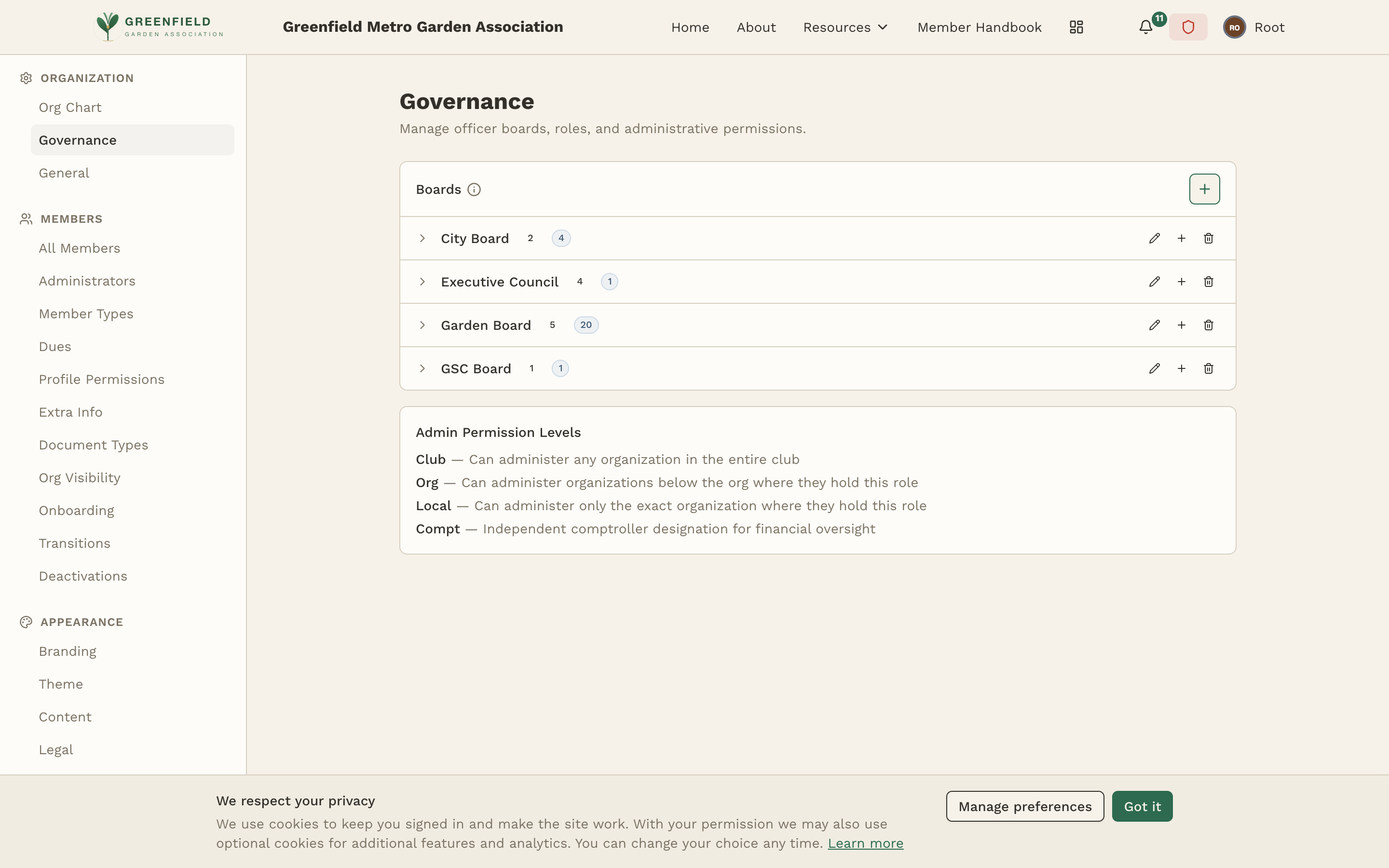 The Governance admin page