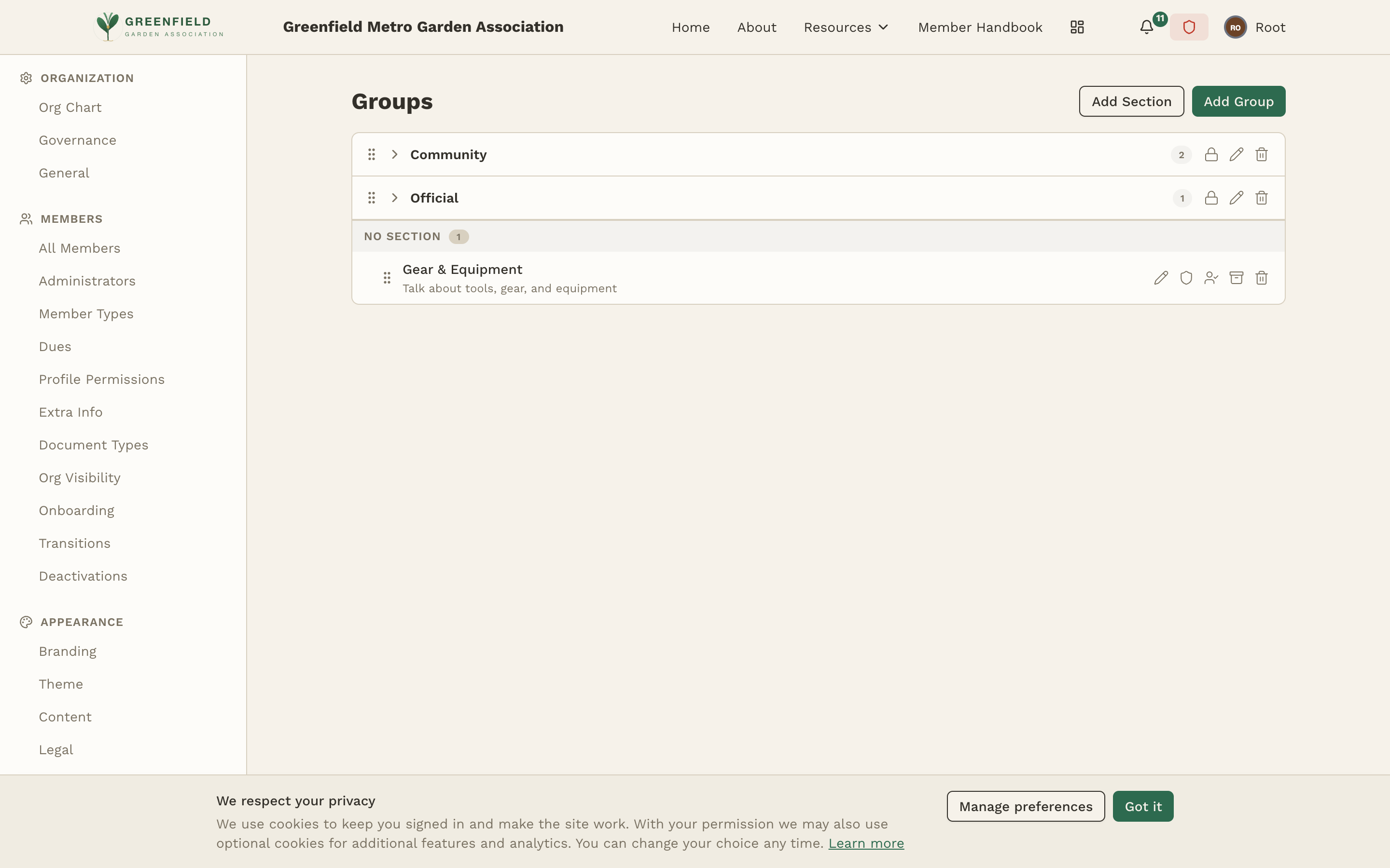 The Groups admin page