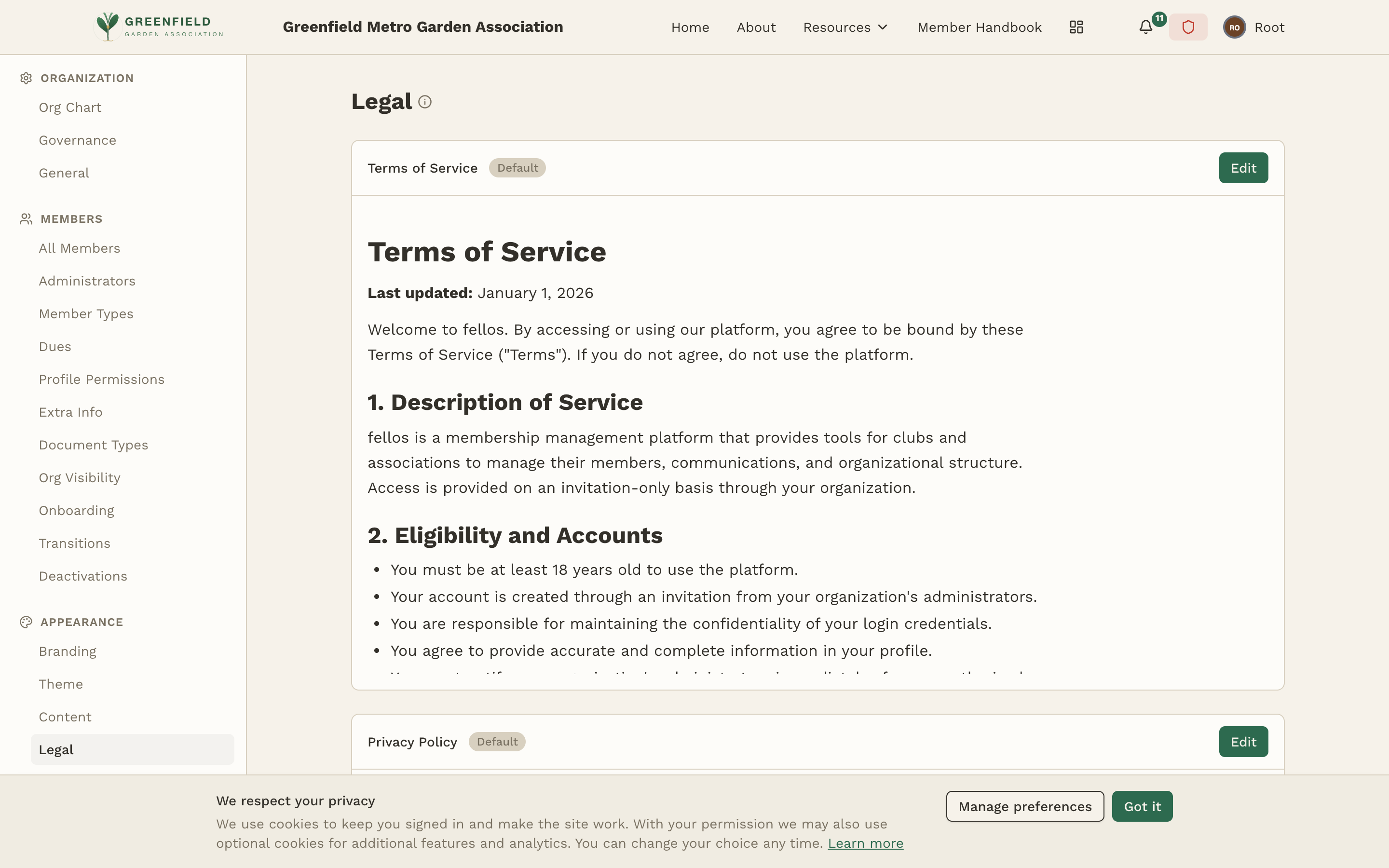 The Legal admin page