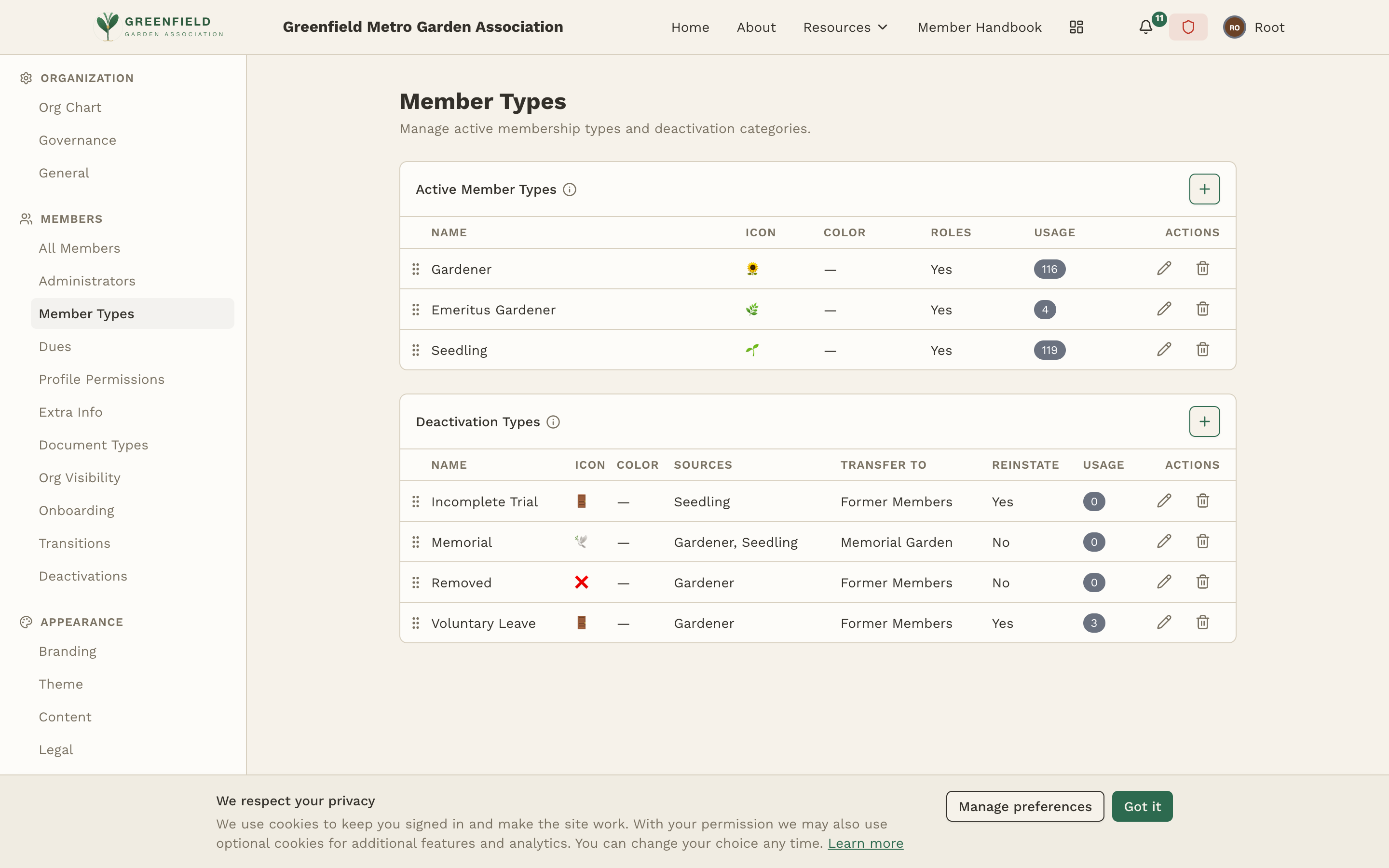 The Member Types admin page