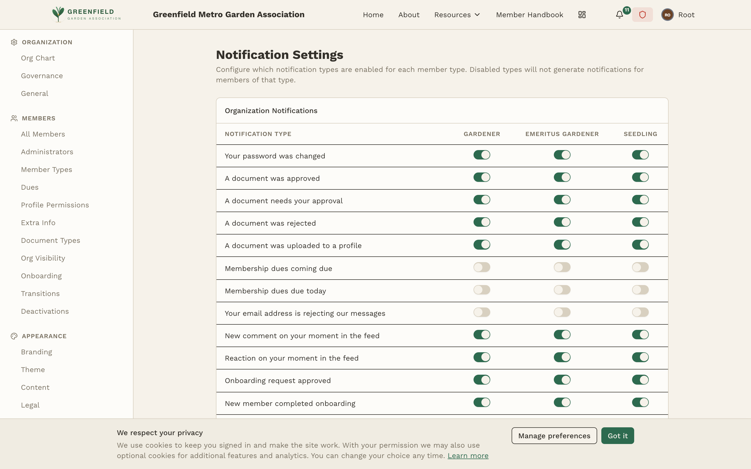 The Notifications admin page