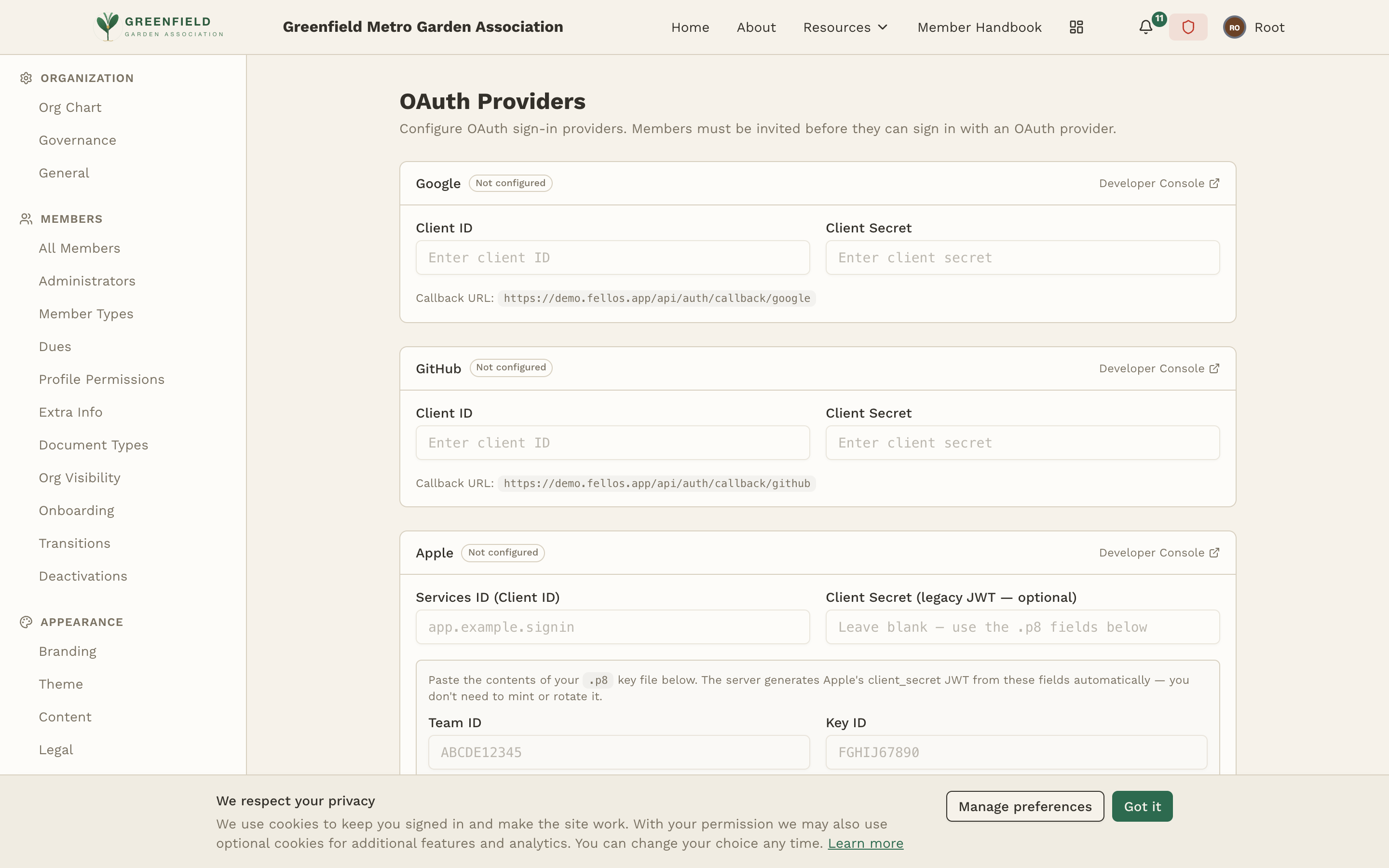 The OAuth admin page