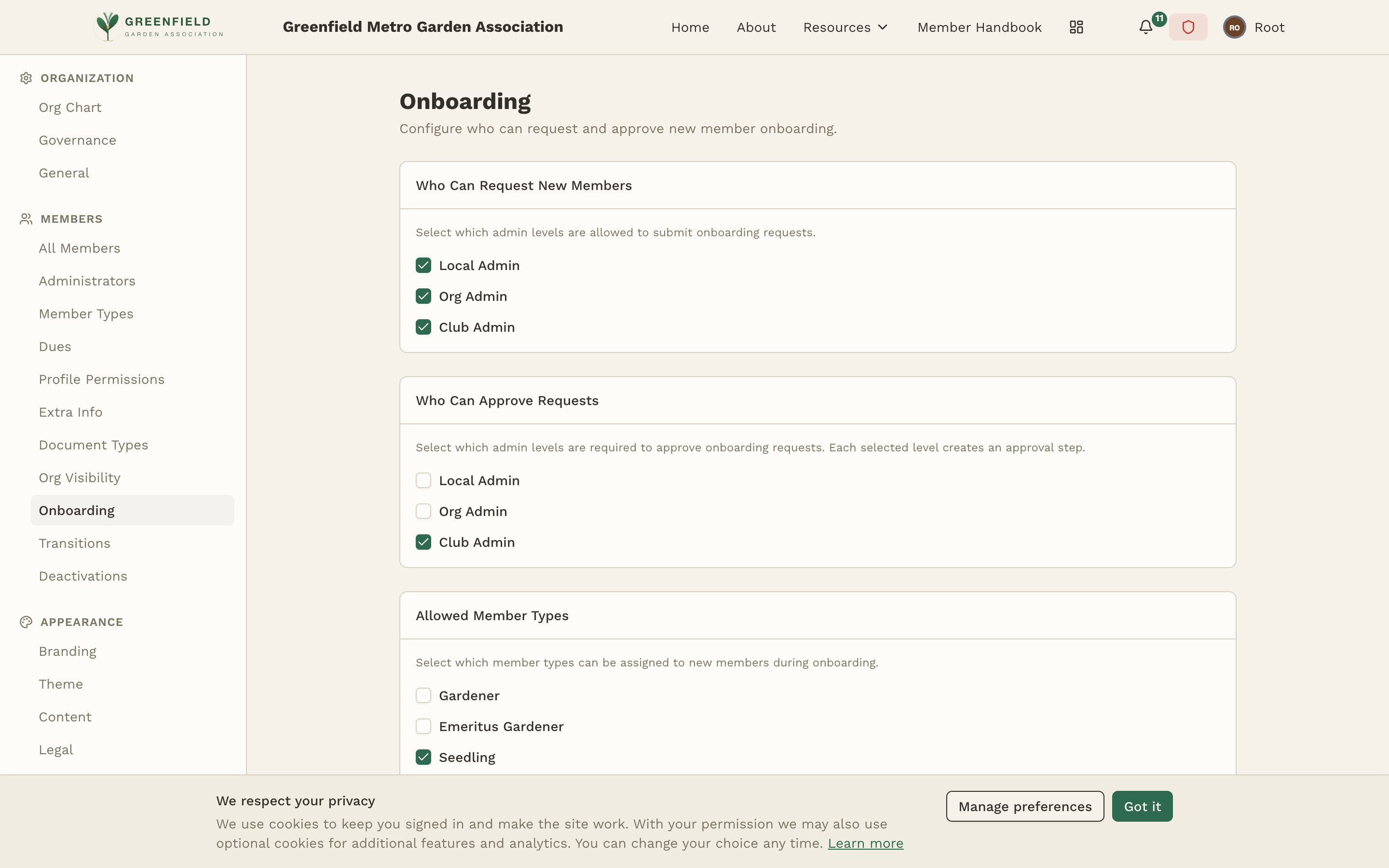 The Onboarding admin page