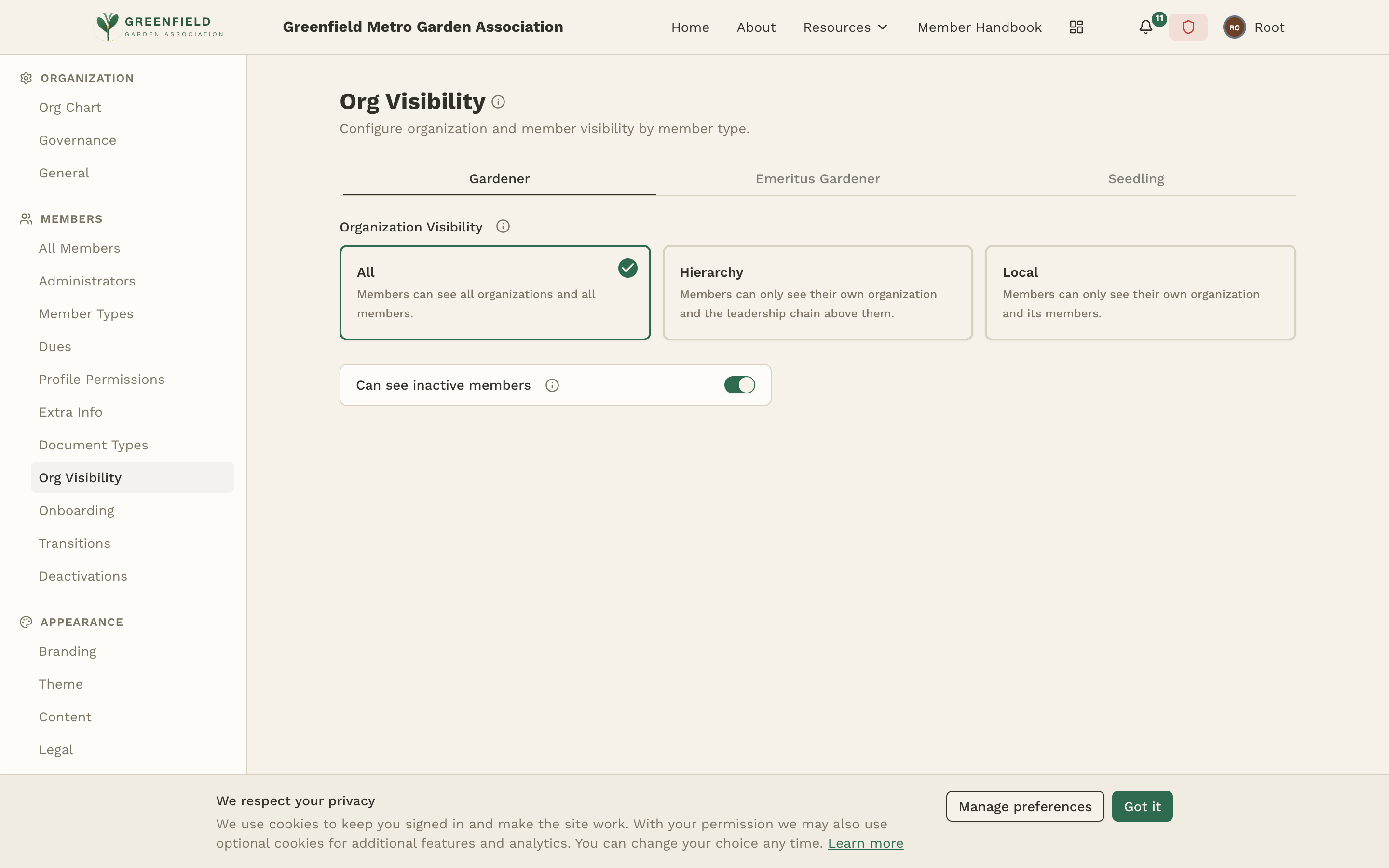 The Organization Visibility admin page