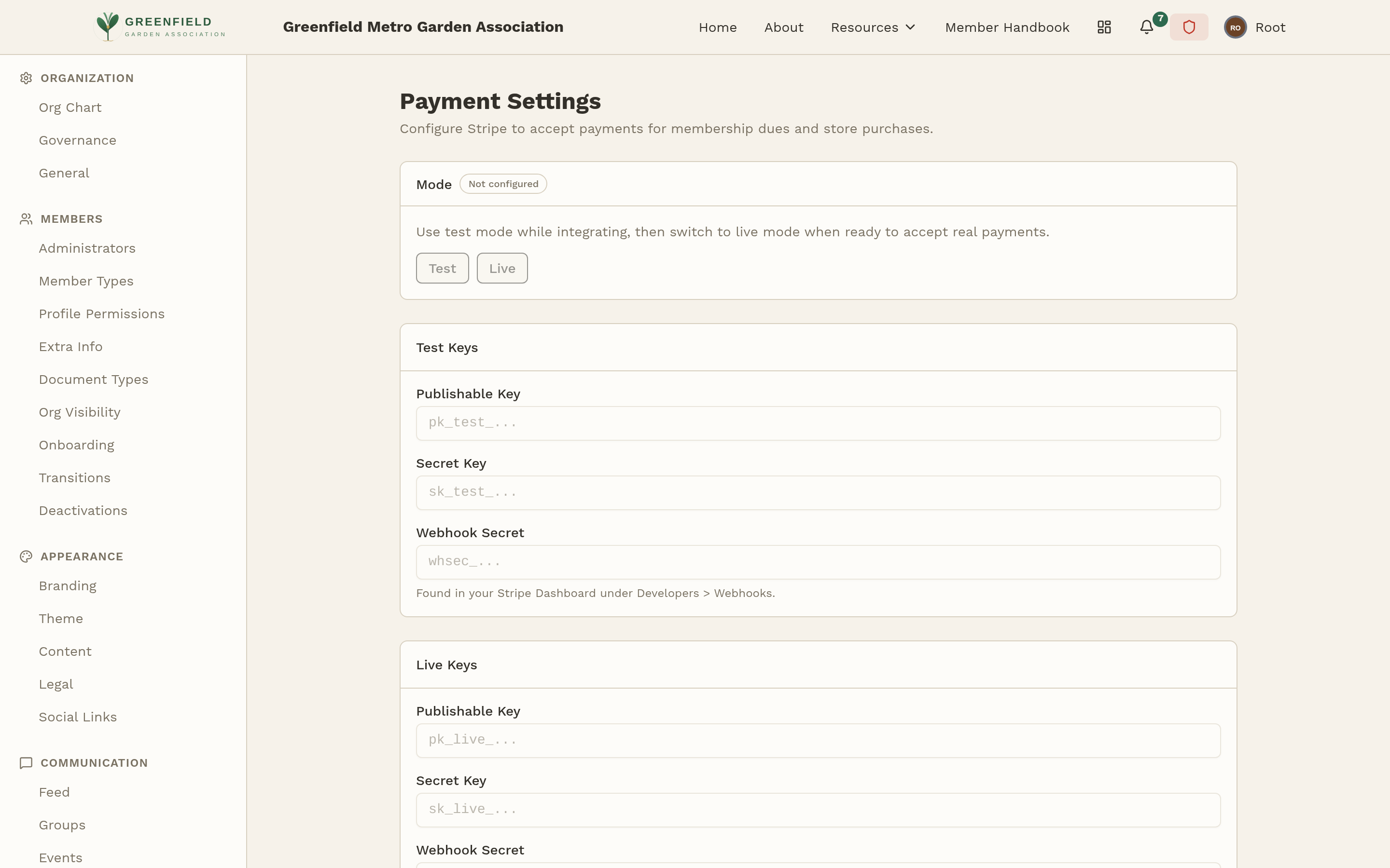 The Payment Settings page, ready for Stripe keys.