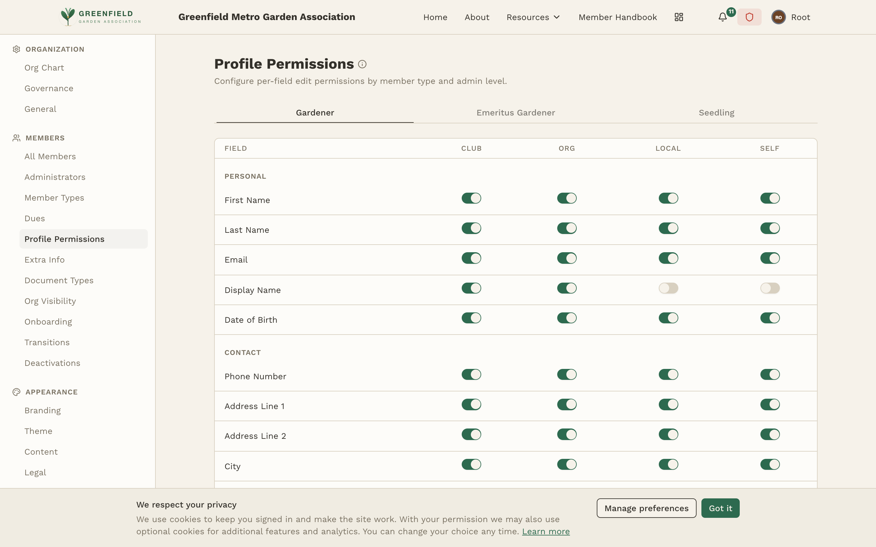 The Profile Permissions admin page