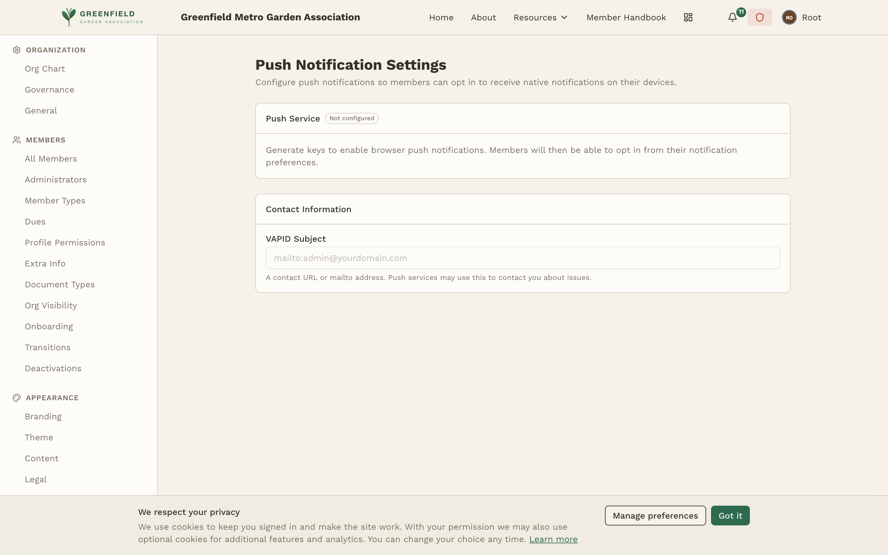 The Push admin page