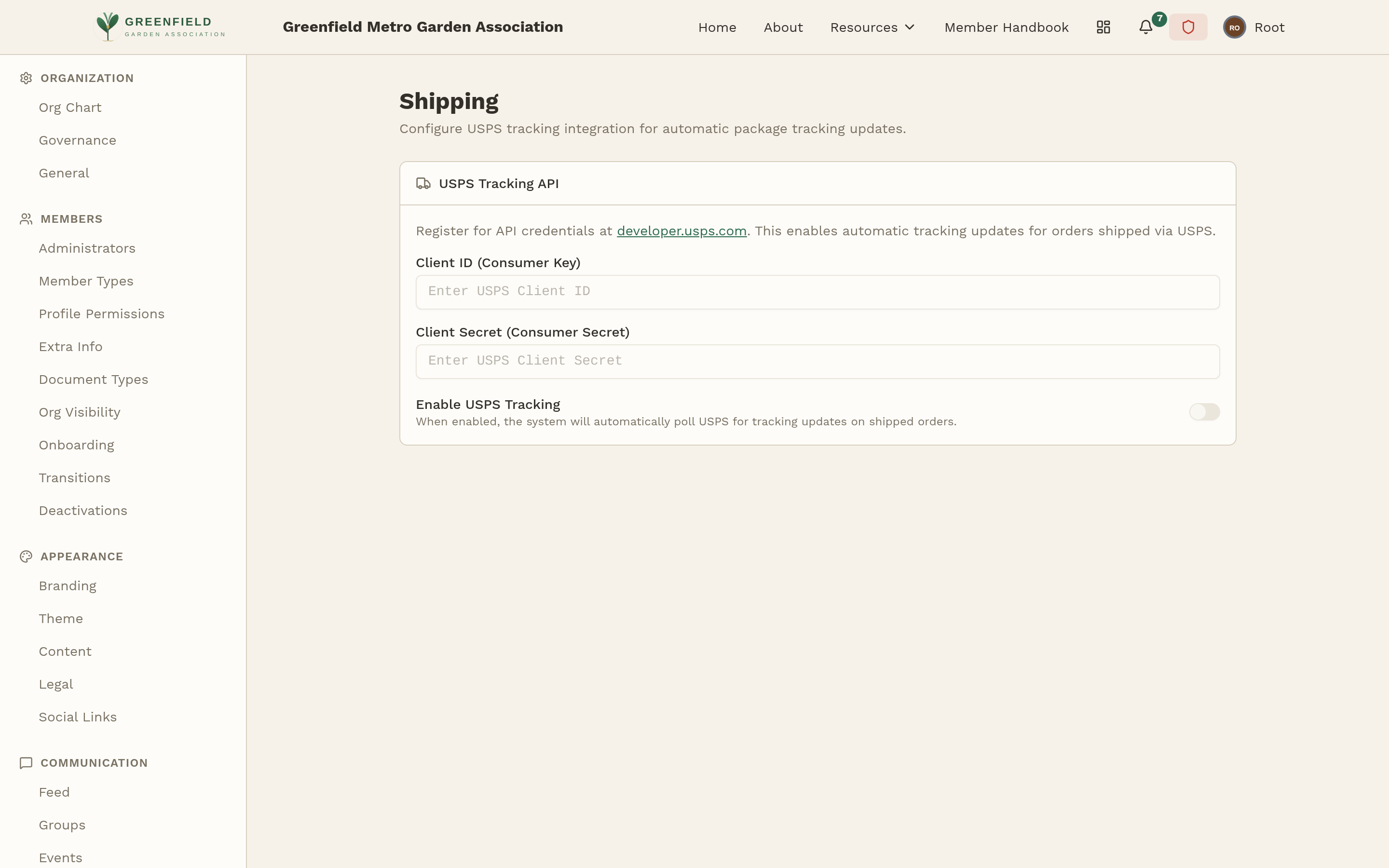 The USPS Tracking API settings page.