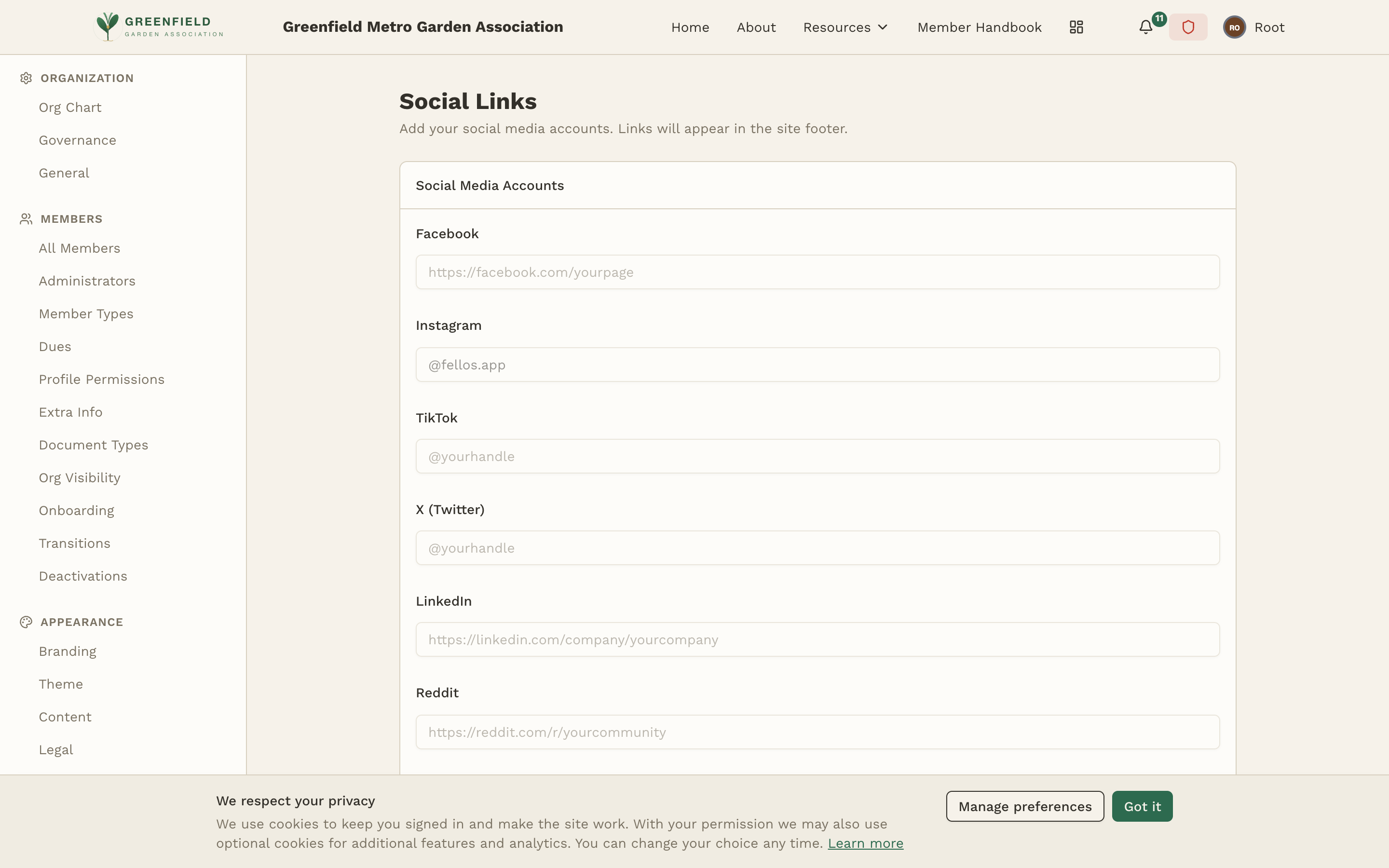 The Social Links admin page