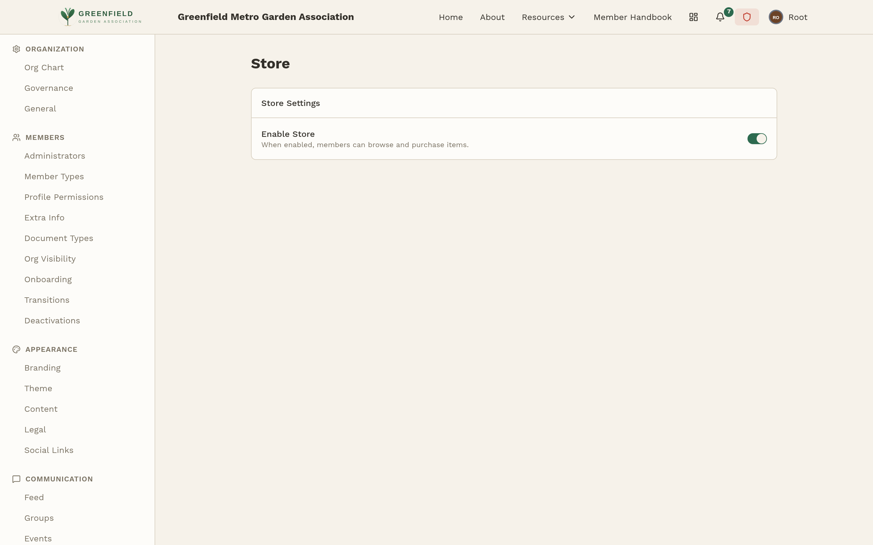 The Store toggle on the Admin panel.
