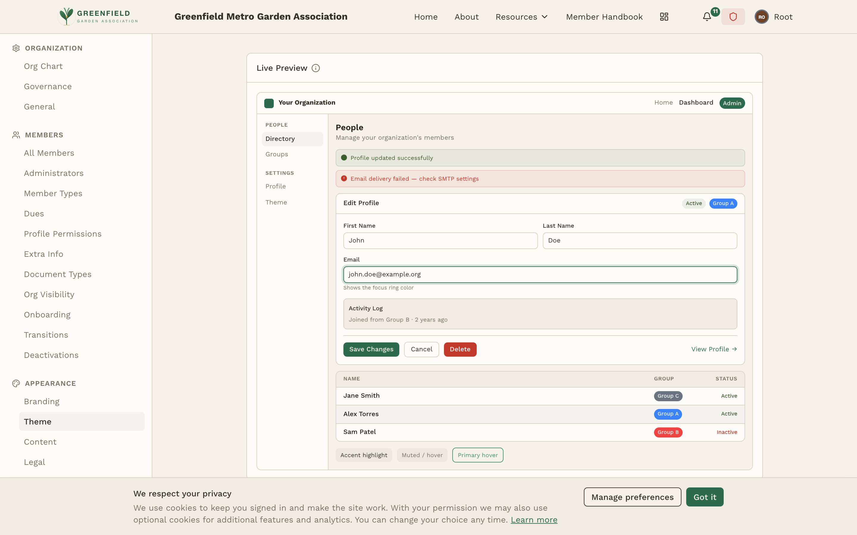 The Theme admin page