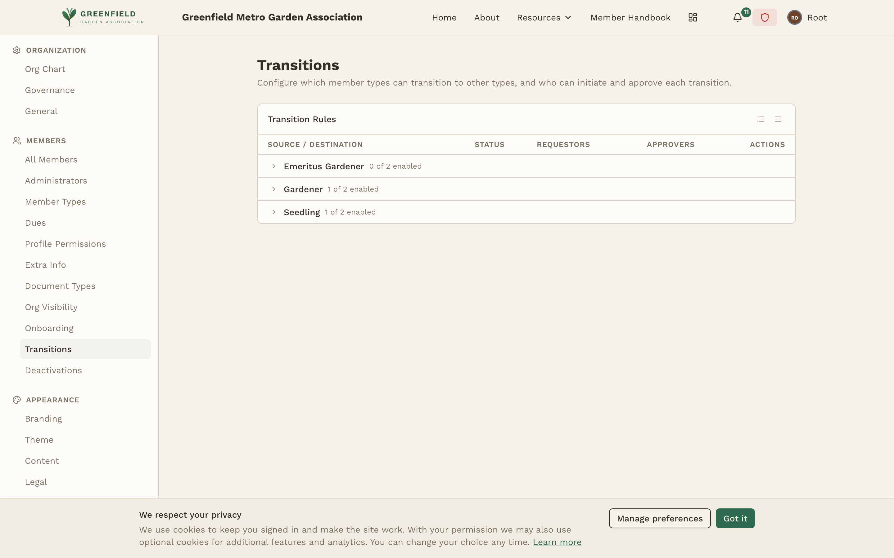 The Transitions admin page