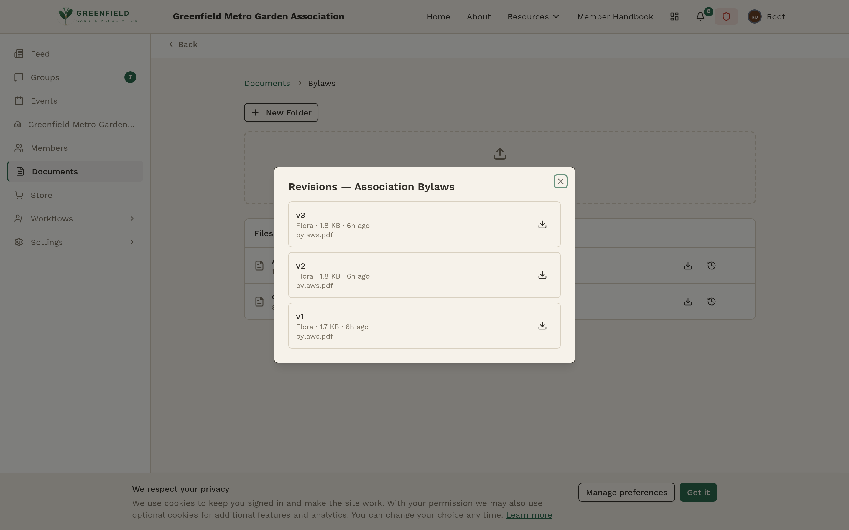 A 'Revisions — Association Bylaws' dialog listing three versions (v3, v2, v1), each with uploader, size, timestamp, filename, and a download button.