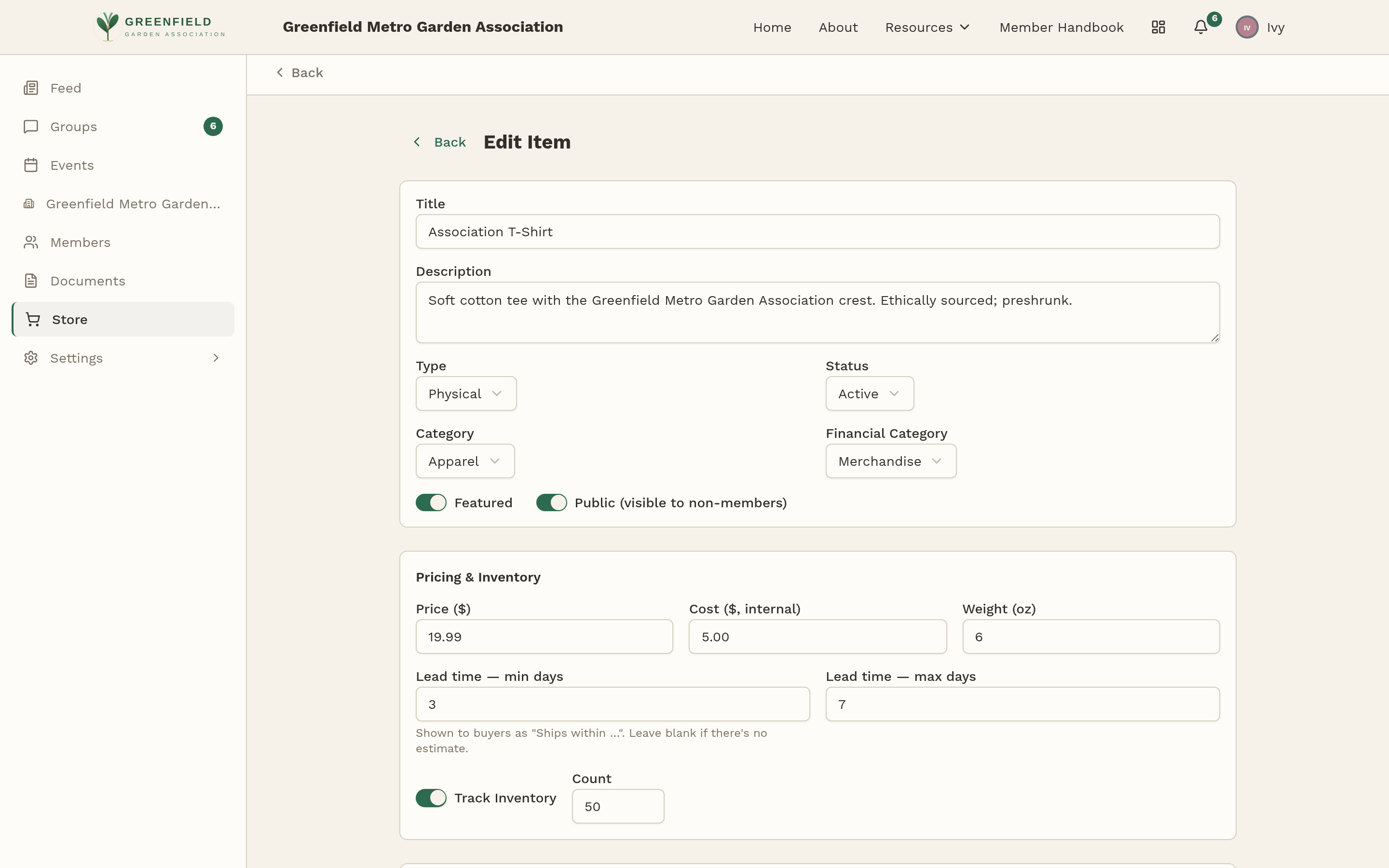 The item editor, showing the fields for a physical product.