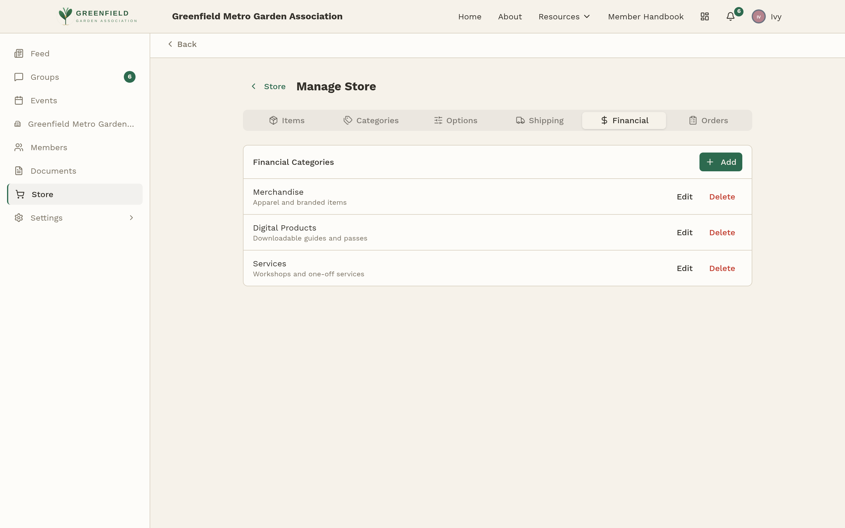 The Financial tab — categories for bookkeeping.