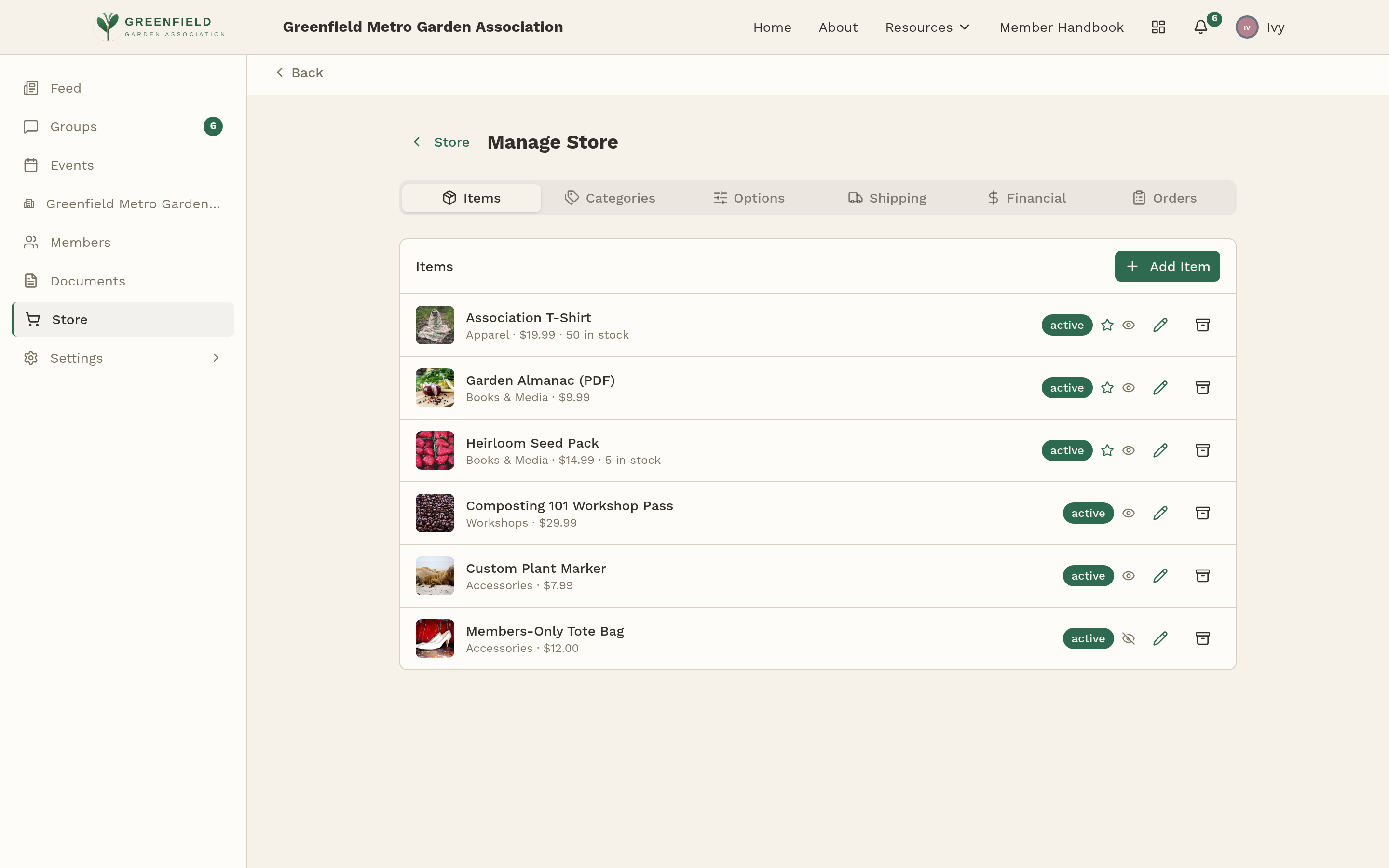 The Store Manage screen with six tabs