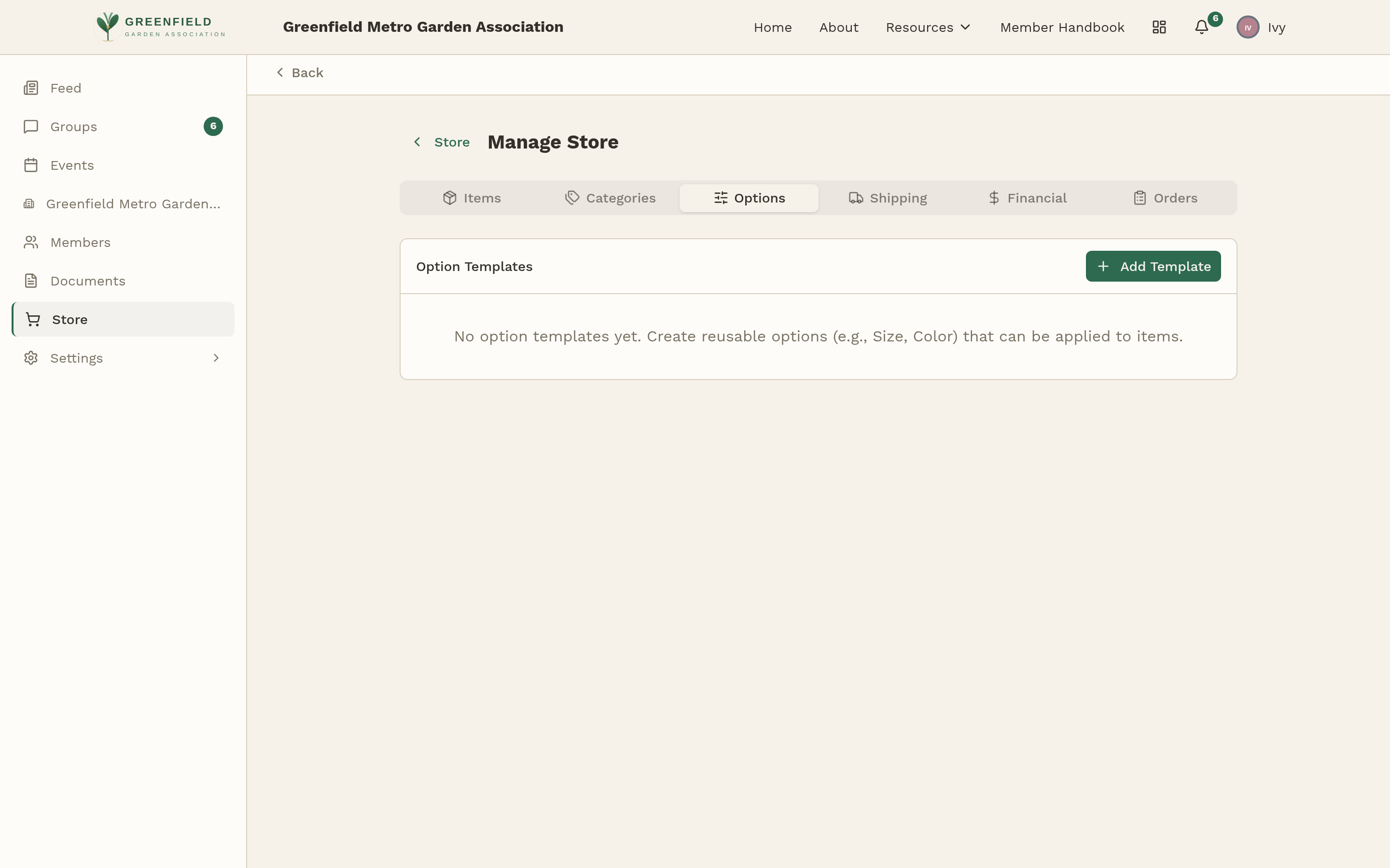 The Options tab — reusable option templates.