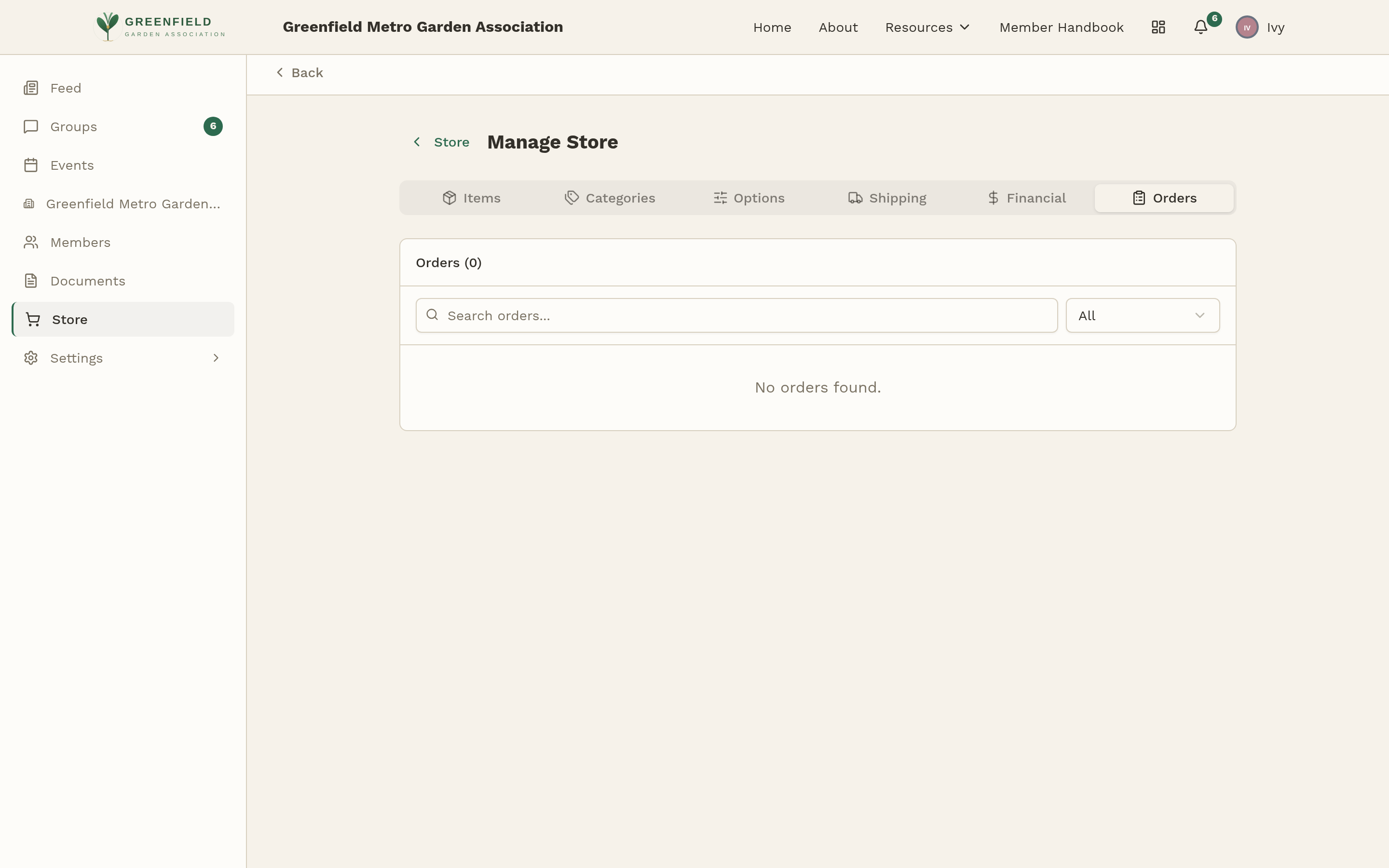 The Orders tab on Store Manage.