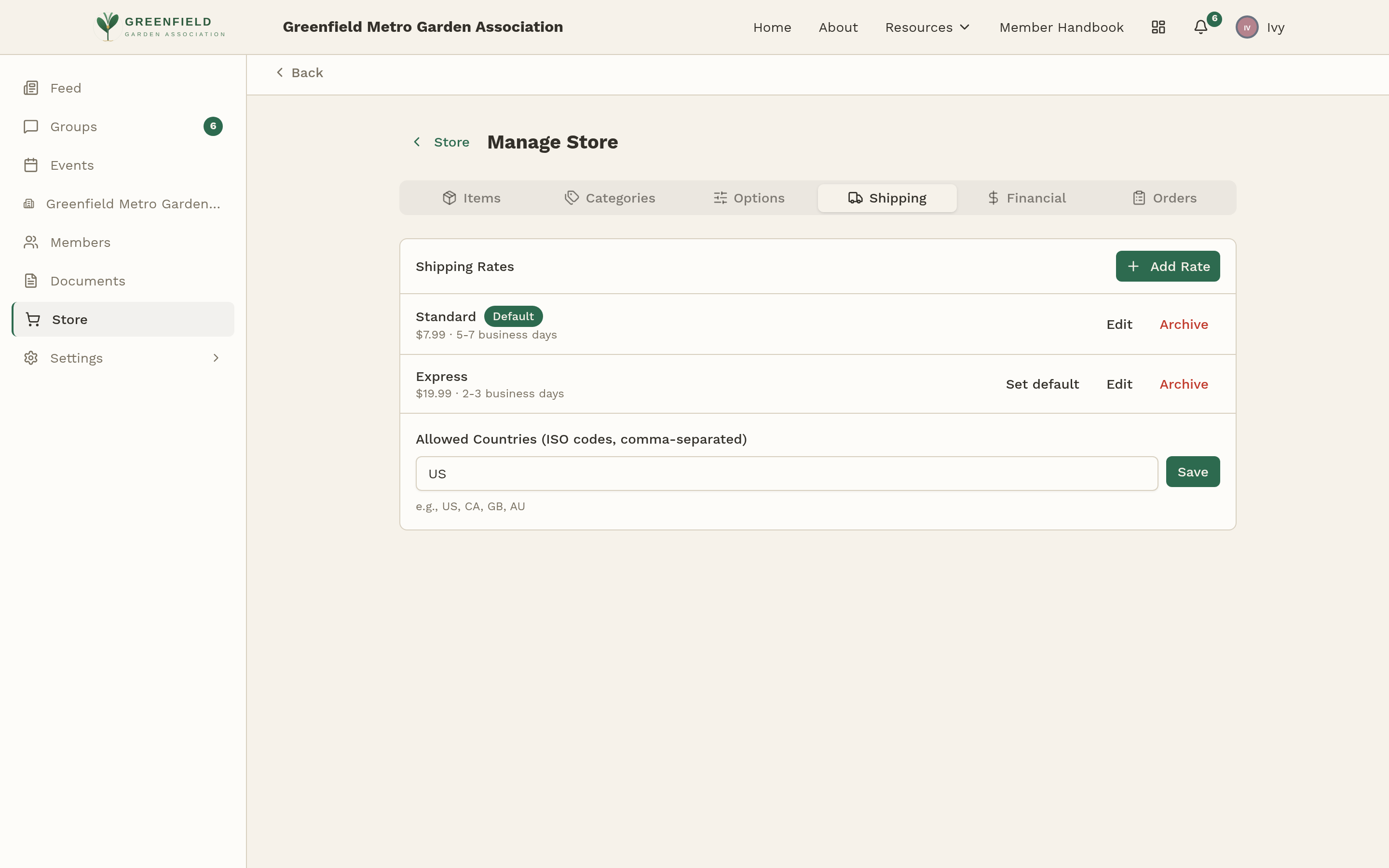 The Shipping tab on Store Manage.