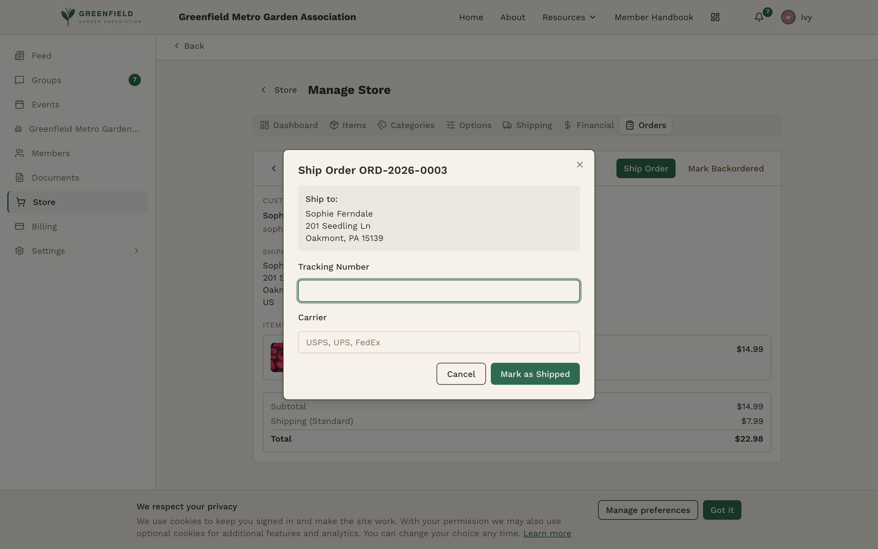 The Ship Order dialog, showing Ship to address and fields for Tracking Number and Carrier.