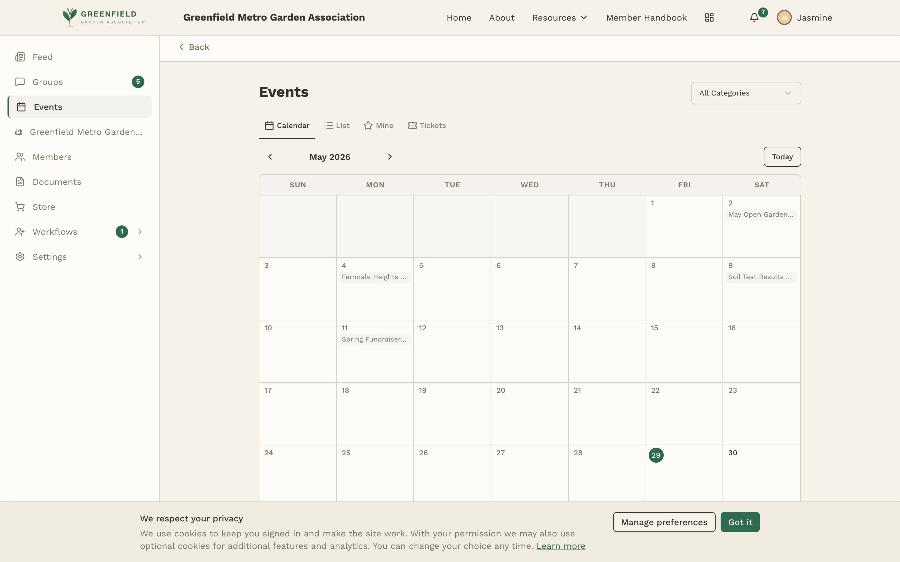 The events calendar view