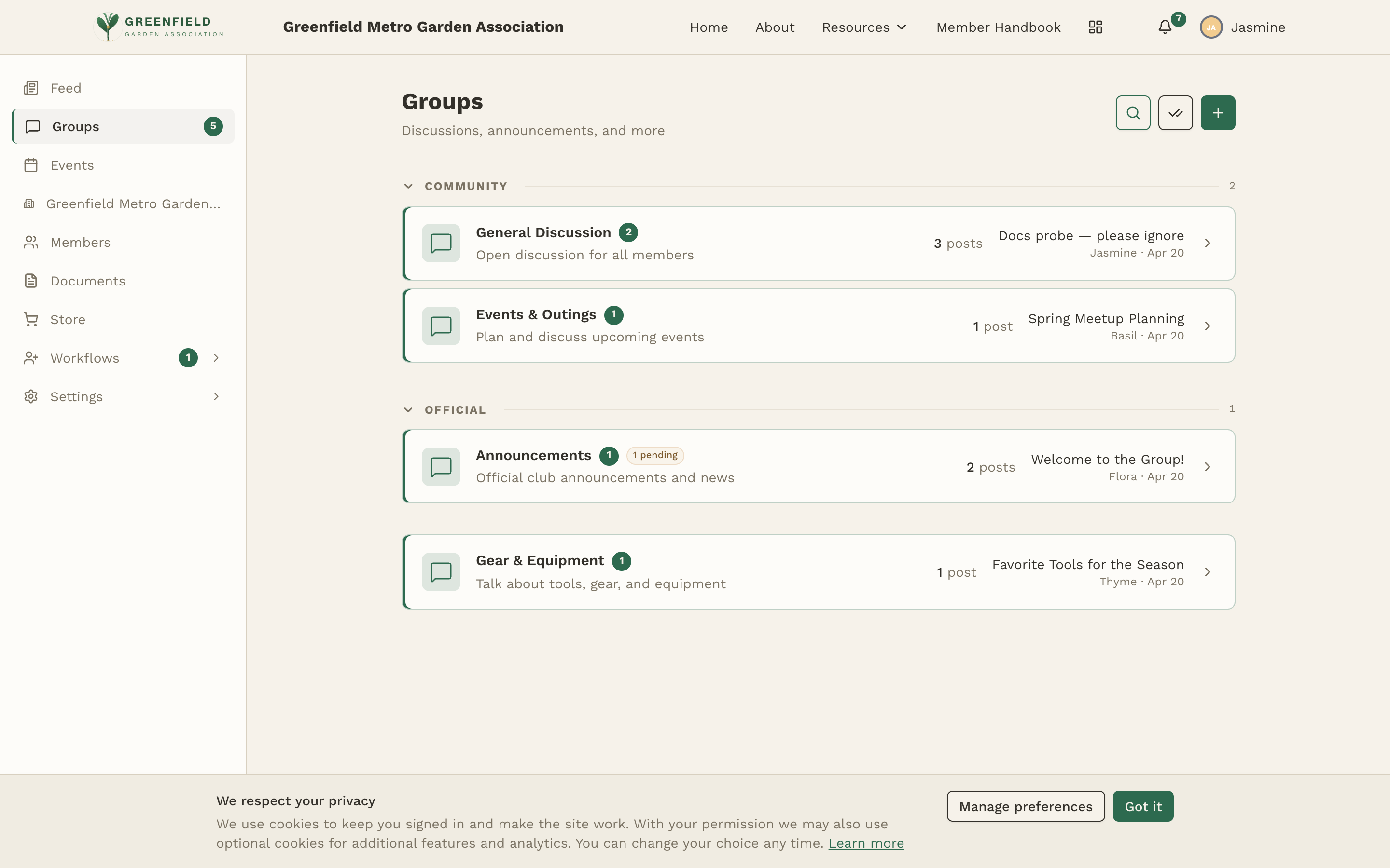 The groups index page