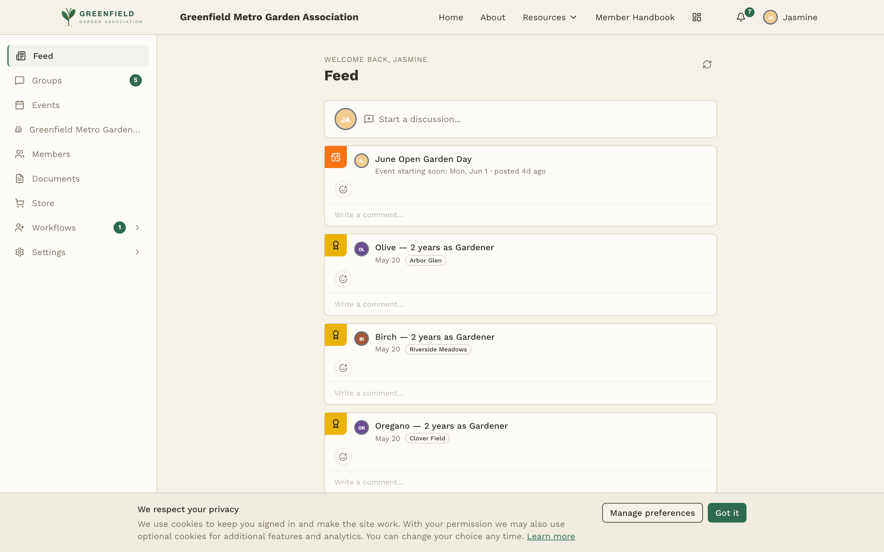 The fellos dashboard — sidebar on the left, activity feed in the center