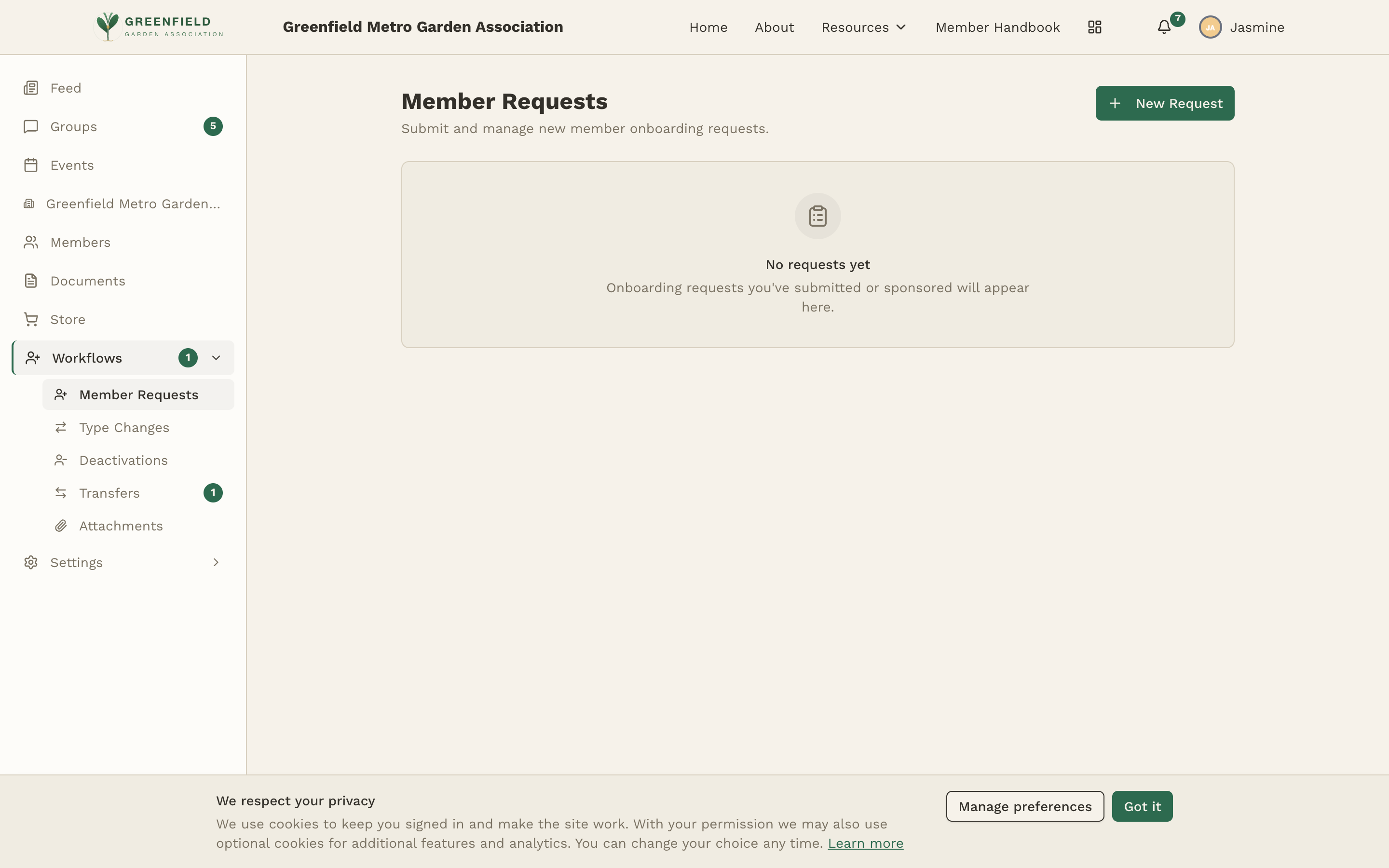 The onboarding workflow requests page