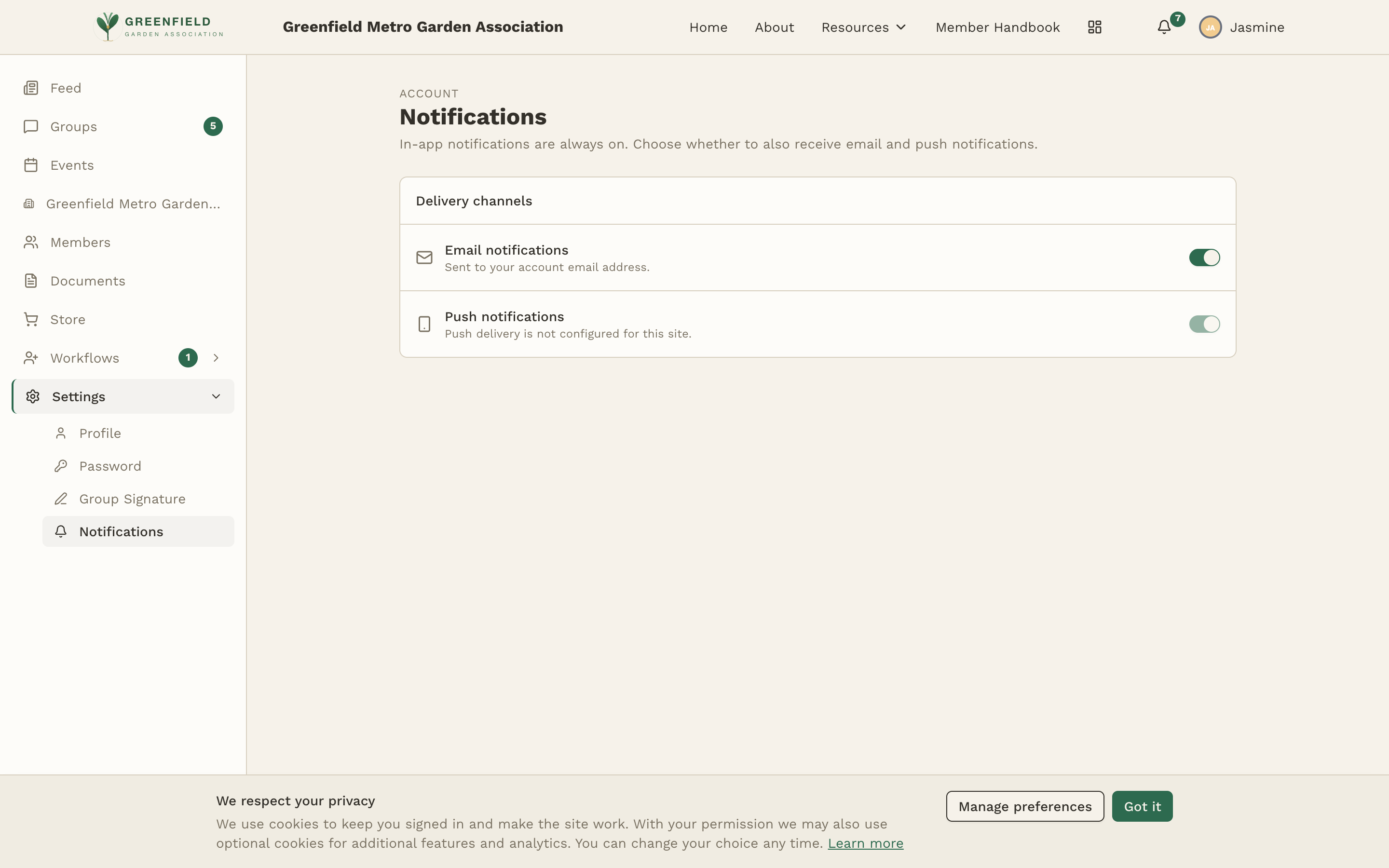 The notification settings page