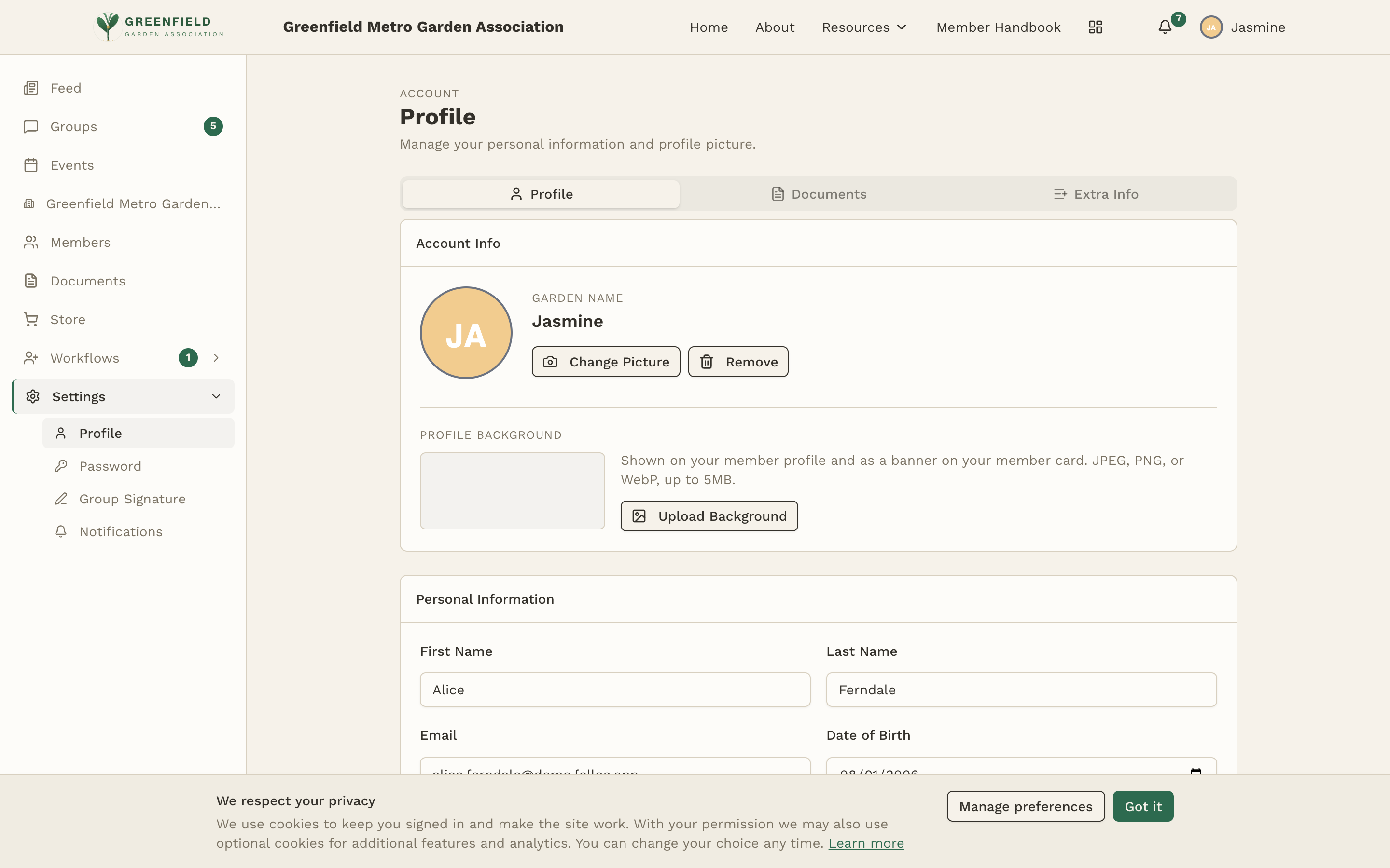 The settings page