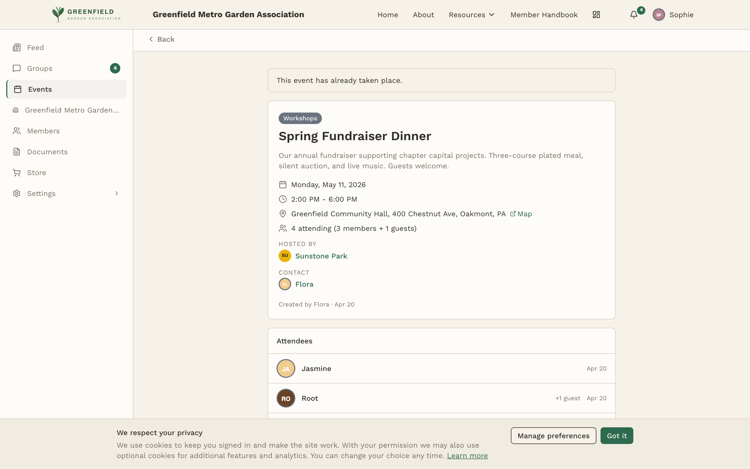 Paid event detail page with a Tickets panel, your-ticket and guest line items, and Buy ticket / Buy for another member buttons.