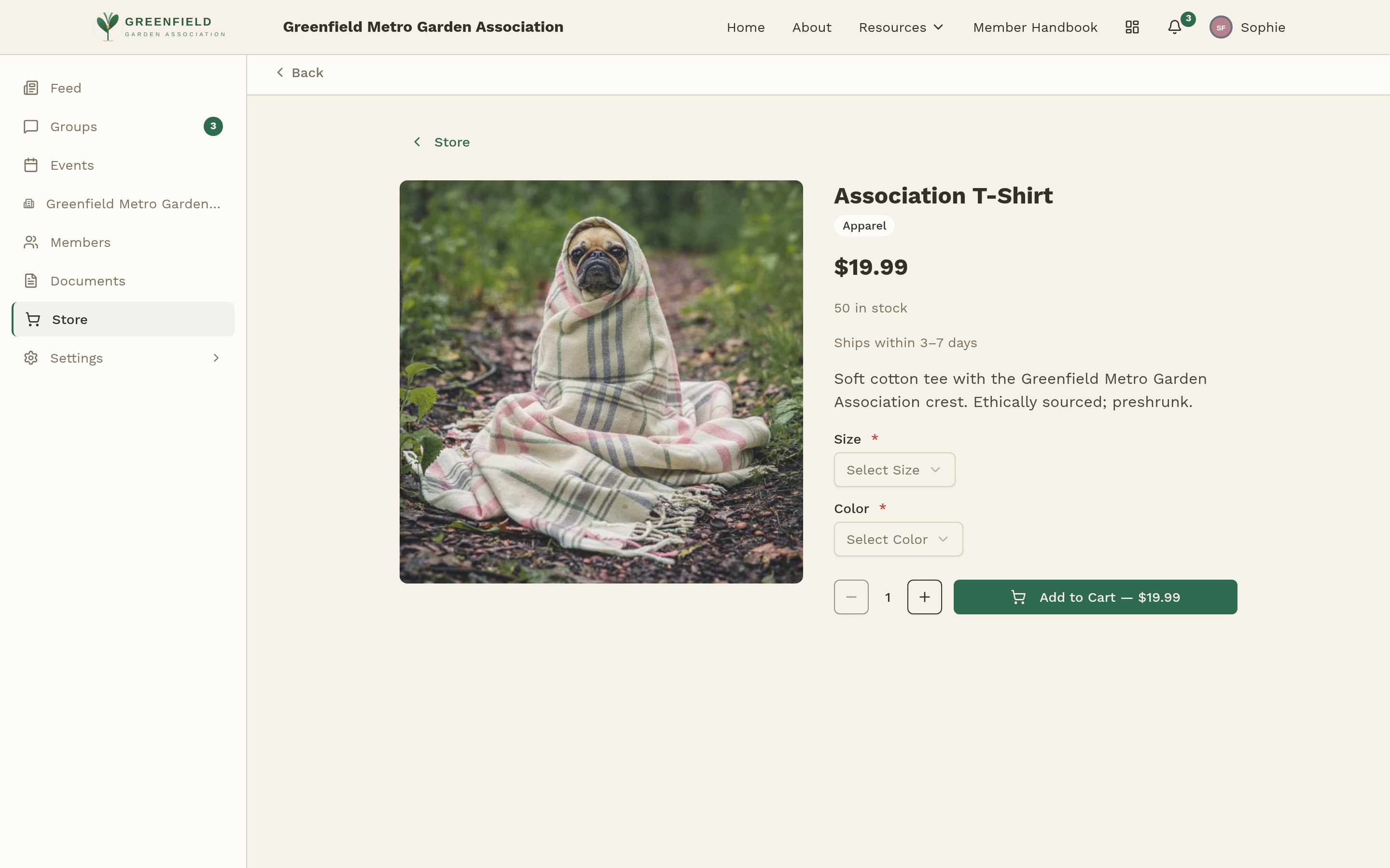 An item detail page — pick options, add to cart.