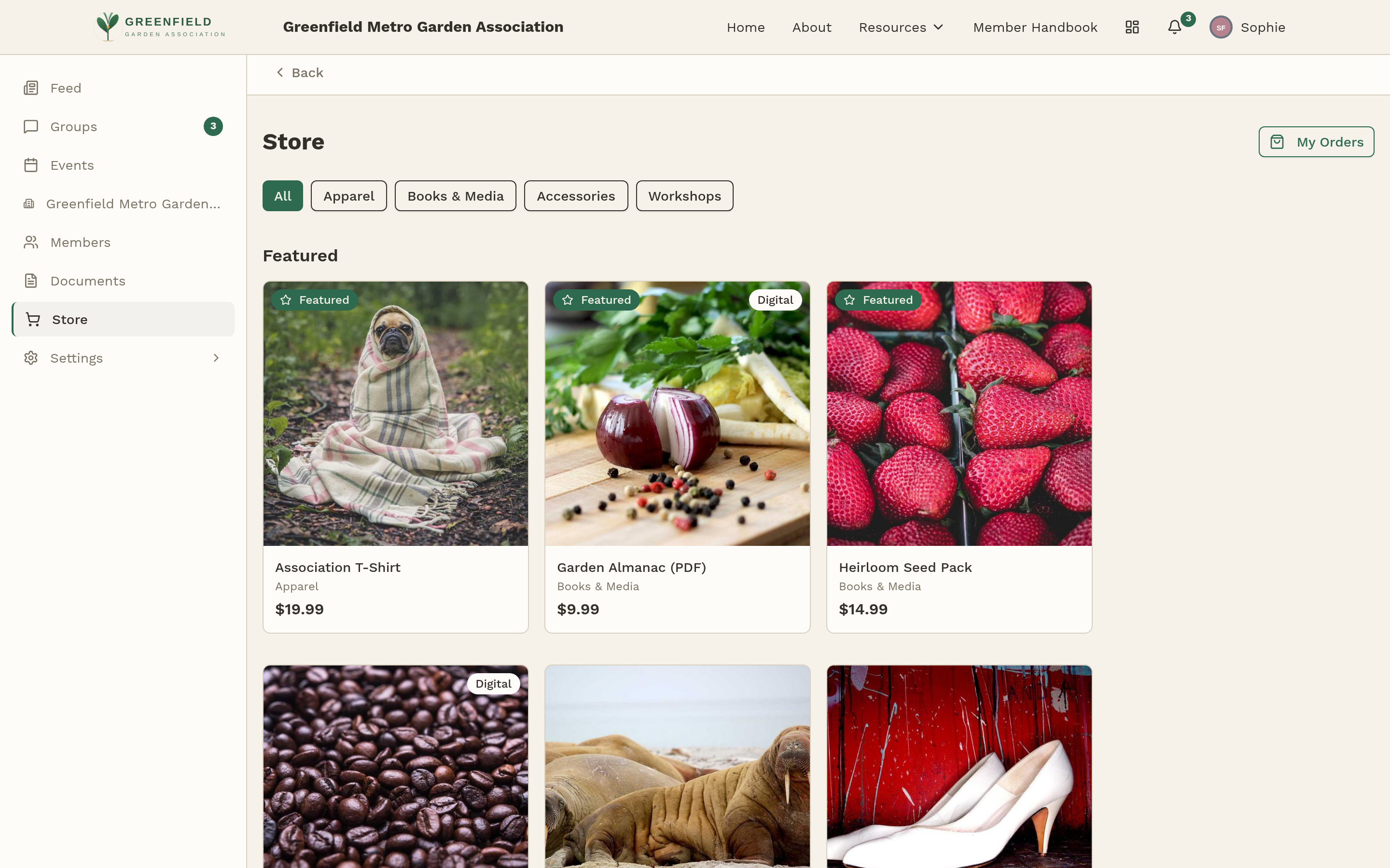 The member-facing store showing featured items and category filters