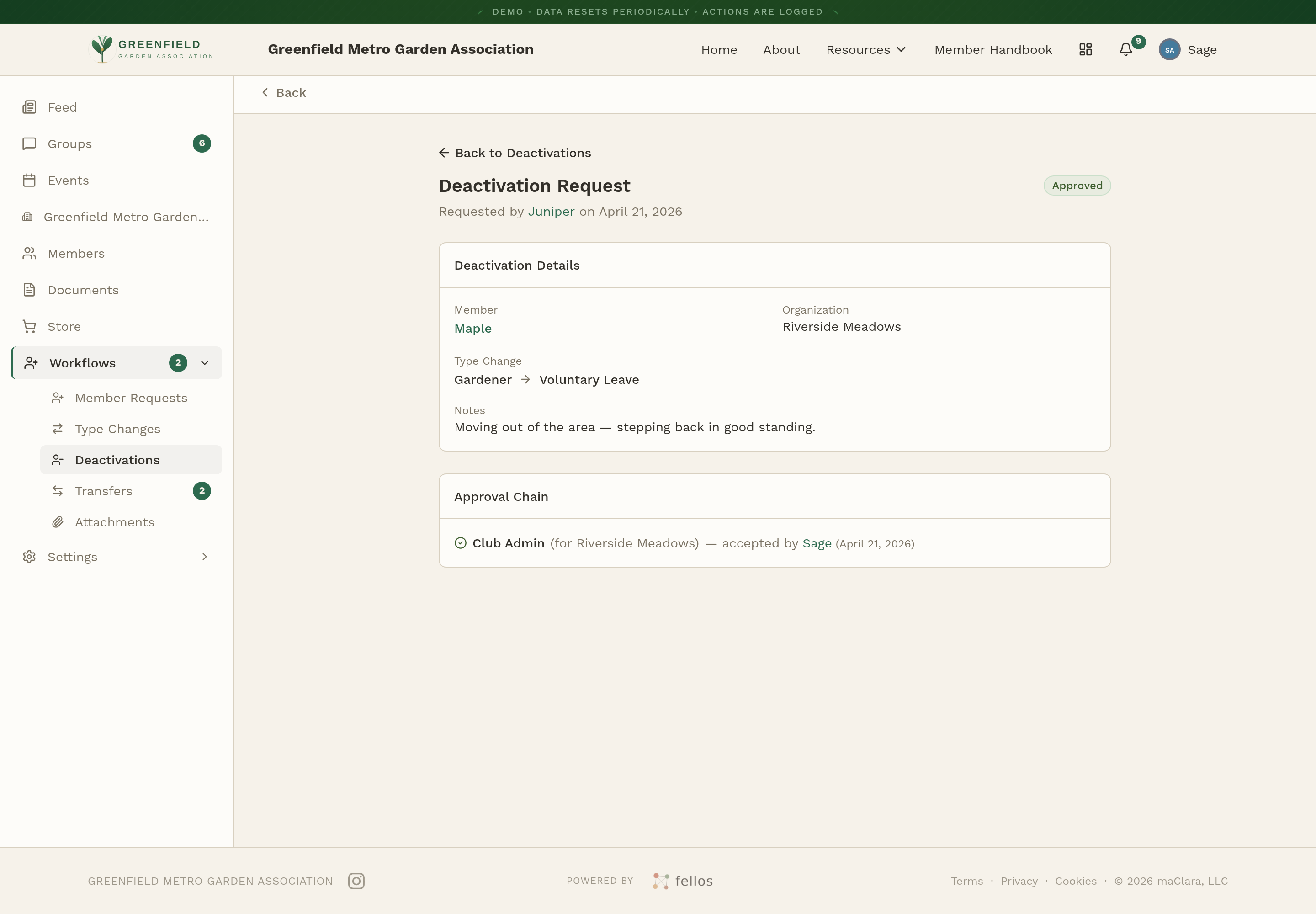 An approved deactivation request showing the Approved status badge.