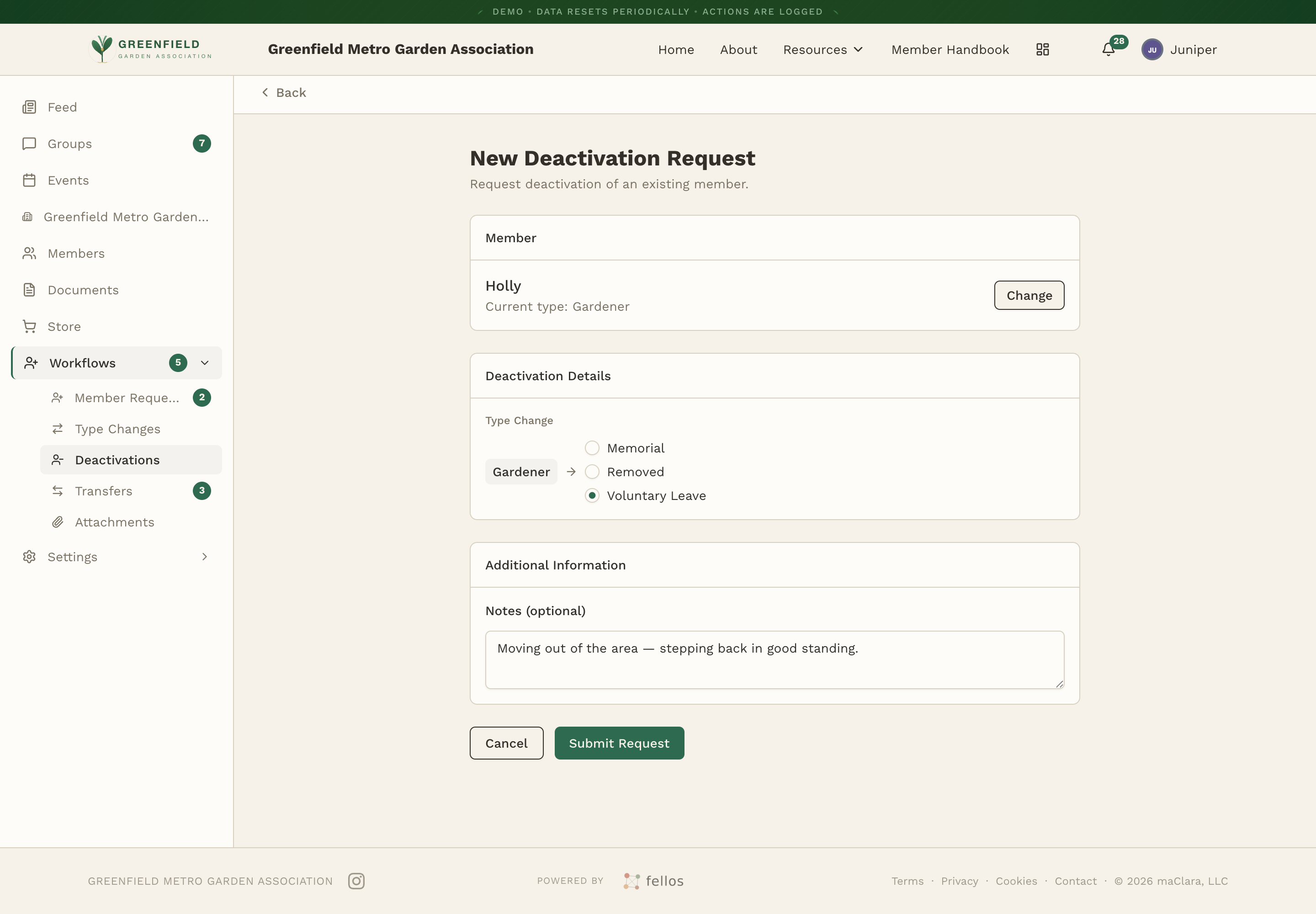 The New Deactivation Request form with a member picked, Voluntary Leave selected, and notes filled in.