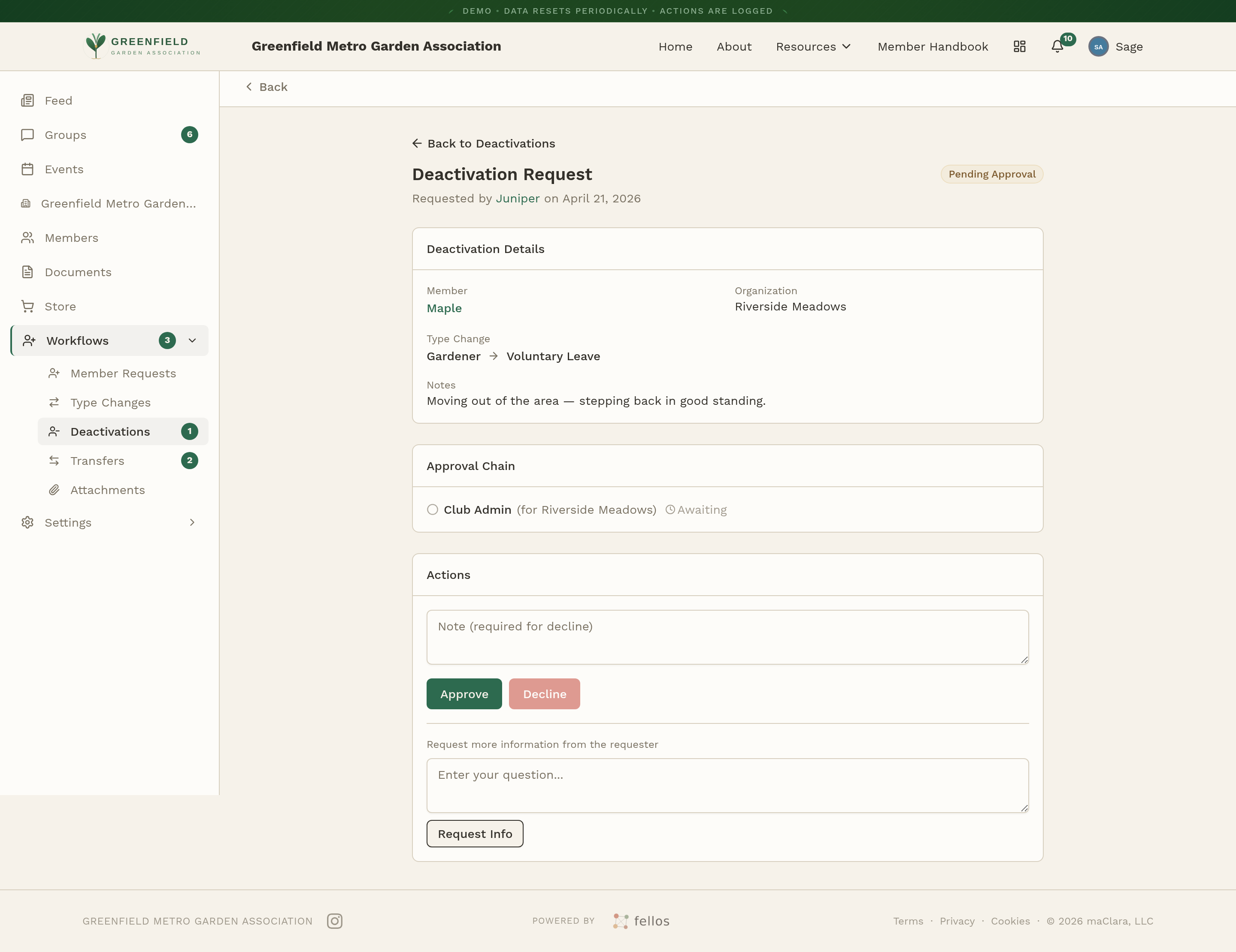 A pending deactivation request with Approve, Decline, and Request Info buttons.