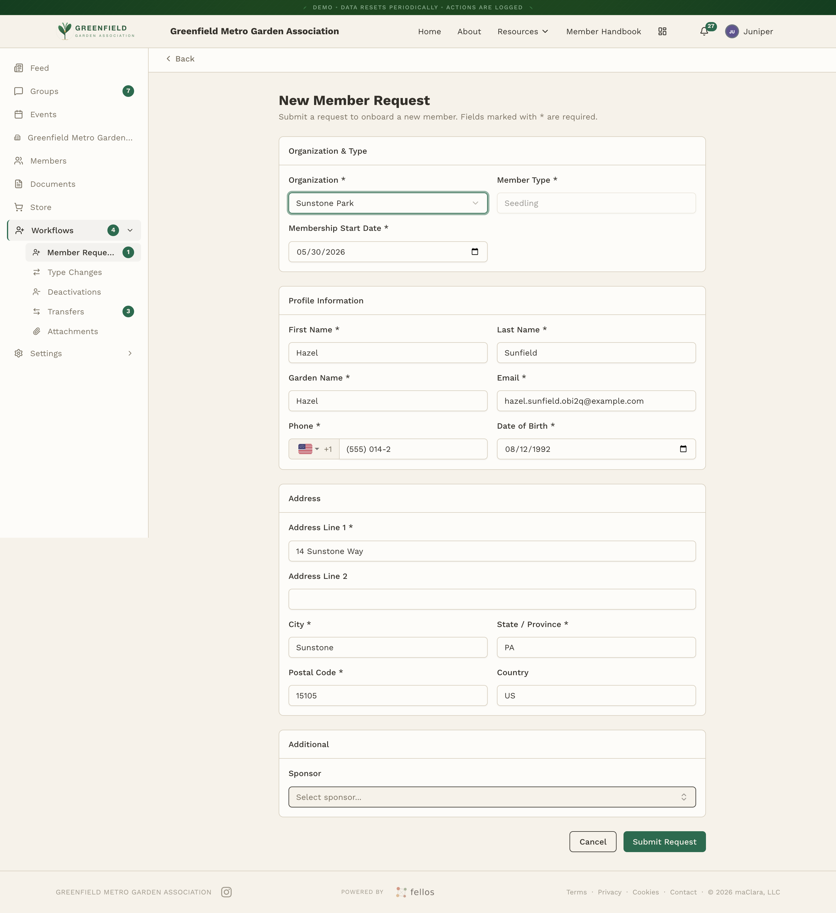 The New Member Request form filled in with a new member's details.